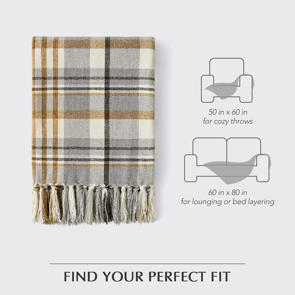 EVERGRACE Plaid Chenille Throw Blanket for Couch, Super Soft Cozy Decorative Farmhouse Plaid Throw with Tassels, Lightweight Chenille Knit Throw for Bed Sofa Gift Home Decor, Grey & Beige 50"x60" EverGrace