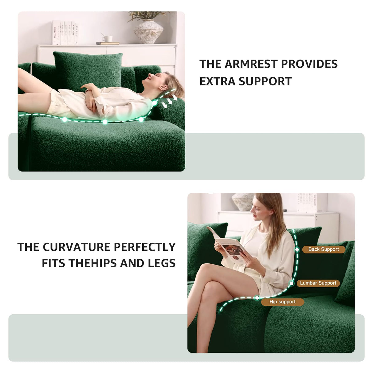 Green Modular Cloud Couch Loveseat with 1 Ottoman, Teddy Fabric Boneless Sectional Sofa in a Box, Comfortable Floor Sofa for Living Room, No Assembly Required, Sofas para Sala ODUSE-DAILY