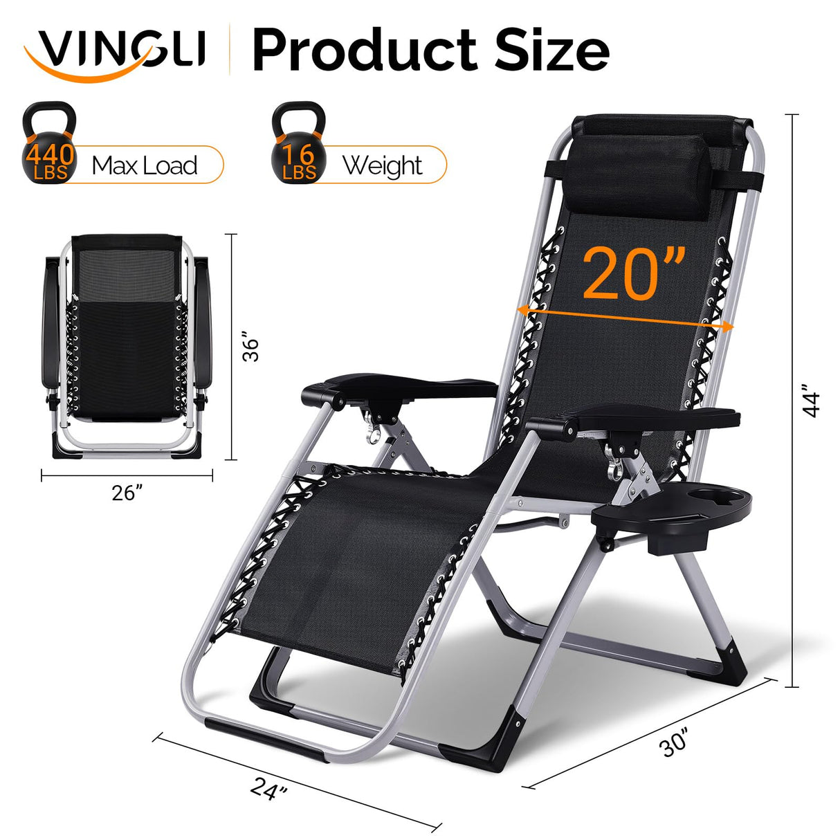 VINGLI Padded Zero Gravity Chair, Lounge Chair with Removable Cushion & Tray, Folding Reclining Patio Chairs, Recliner Chair for Lawn,Indoor and Outdoor VINGLI