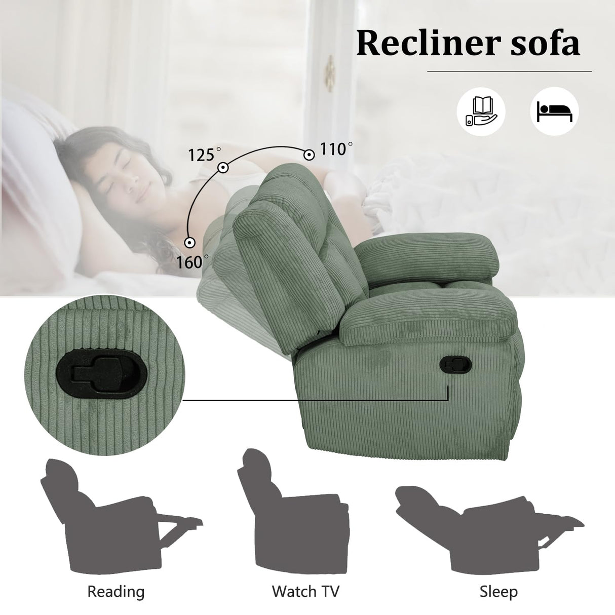 Manual Recliner Sofa Set,Corduroy Reclining Couch Set,Modern Living Room Furniture Set,Reclining Sofa Couch Chair for Living Room Home Office(Green,3 Pieces Set) Pon Living Furniture Inc