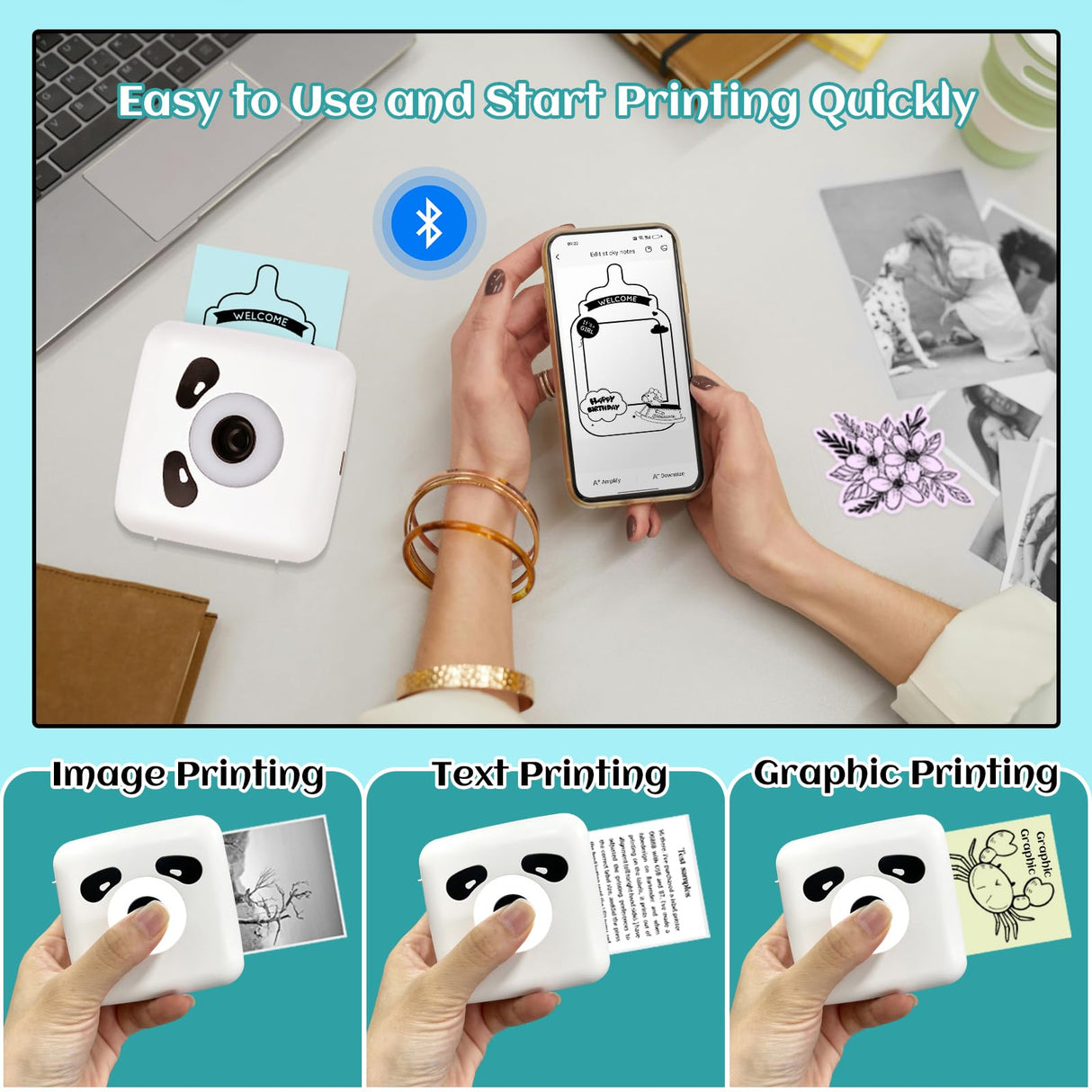 vretti Portable Thermal Printer,Bluetooth Mini Pocket Printer Compatible with Android & iOS,Wireless Pocket Picture Printer for iPhone Working Listing, Notes, Journal, Travel with 1 Rolls Paper. vretti