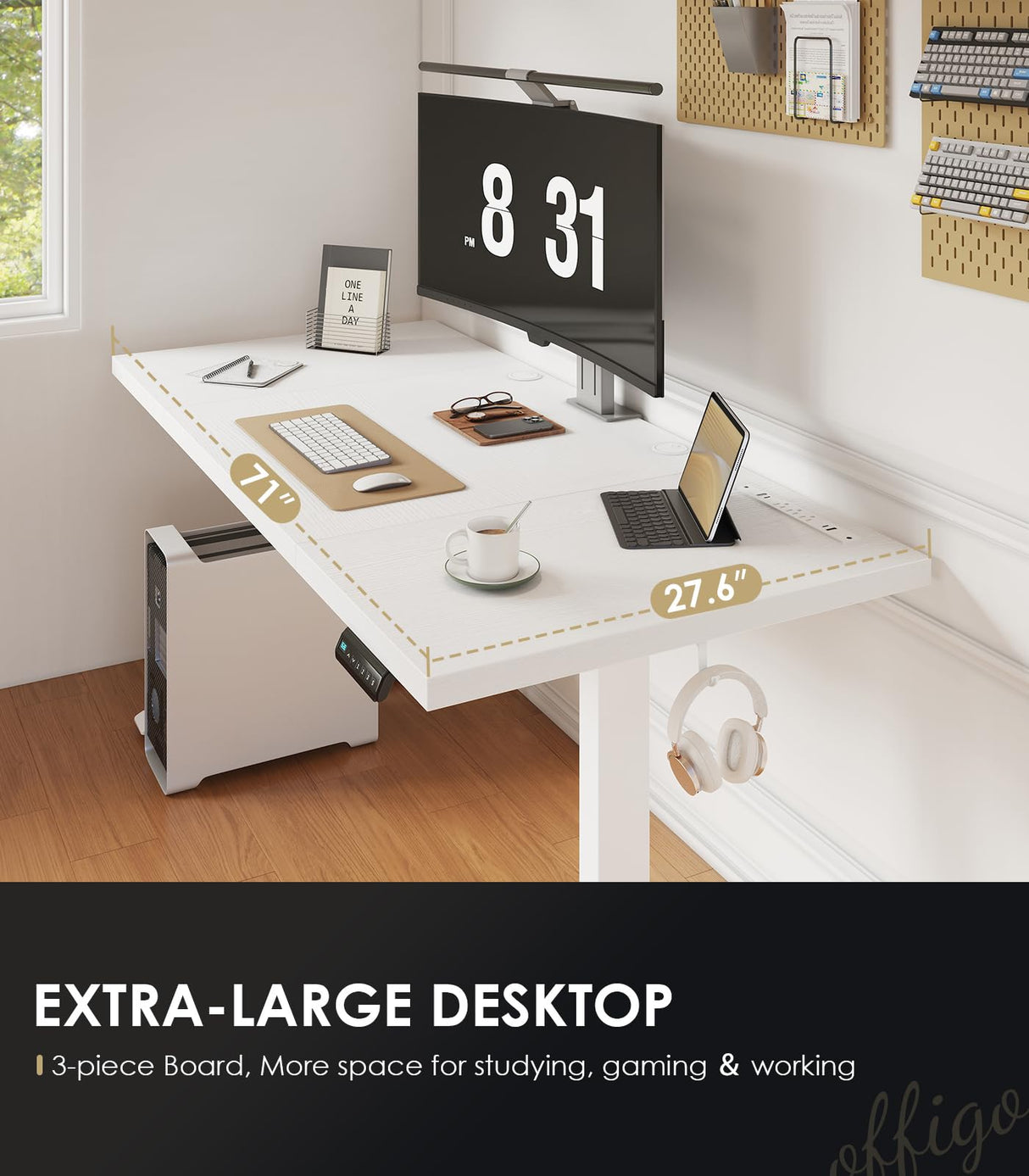 OffiGo Electric Standing Desk with 3-Piece Board, 71 Inch Height Adjustable Large Table with Power Outlets, Sit Stand Table, Writing Computer Desk for Home, Office, Workstation, White OffiGo