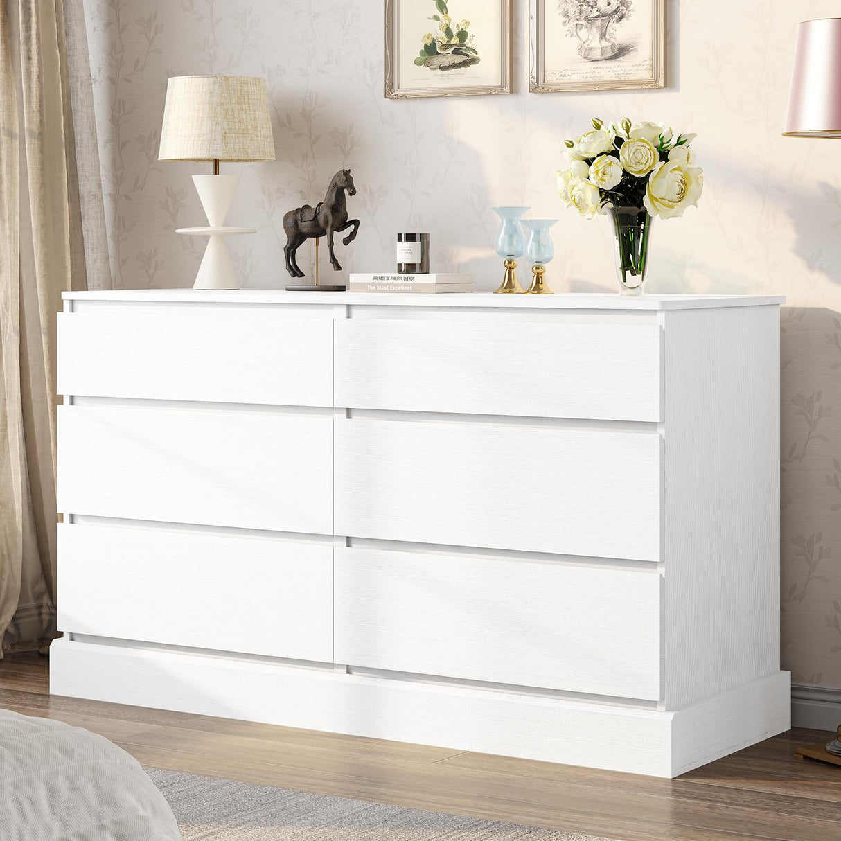 DICTAC 6 Drawers Dresser for Bedroom, White Modern Chest of Drawers, Storage Tower Clothes Organizer Closet, Long Double Dresser with No Handle Drawers, Dimensions 51.6''L x 15.7''D x 29.3''H DICTAC