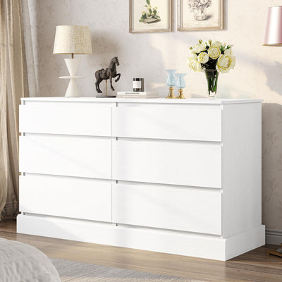 DICTAC 6 Drawers Dresser for Bedroom, White Modern Chest of Drawers, Storage Tower Clothes Organizer Closet, Long Double Dresser with No Handle Drawers, Dimensions 51.6''L x 15.7''D x 29.3''H