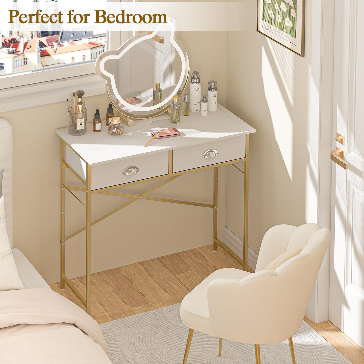 Small Vanity Desk No Mirror for Kids Bedroom, 31.5 Inch Vanity Table with Drawers, Makeup Vanity Desk for Narrow Spaces, White and Gold(No Mirror) ThreeHio
