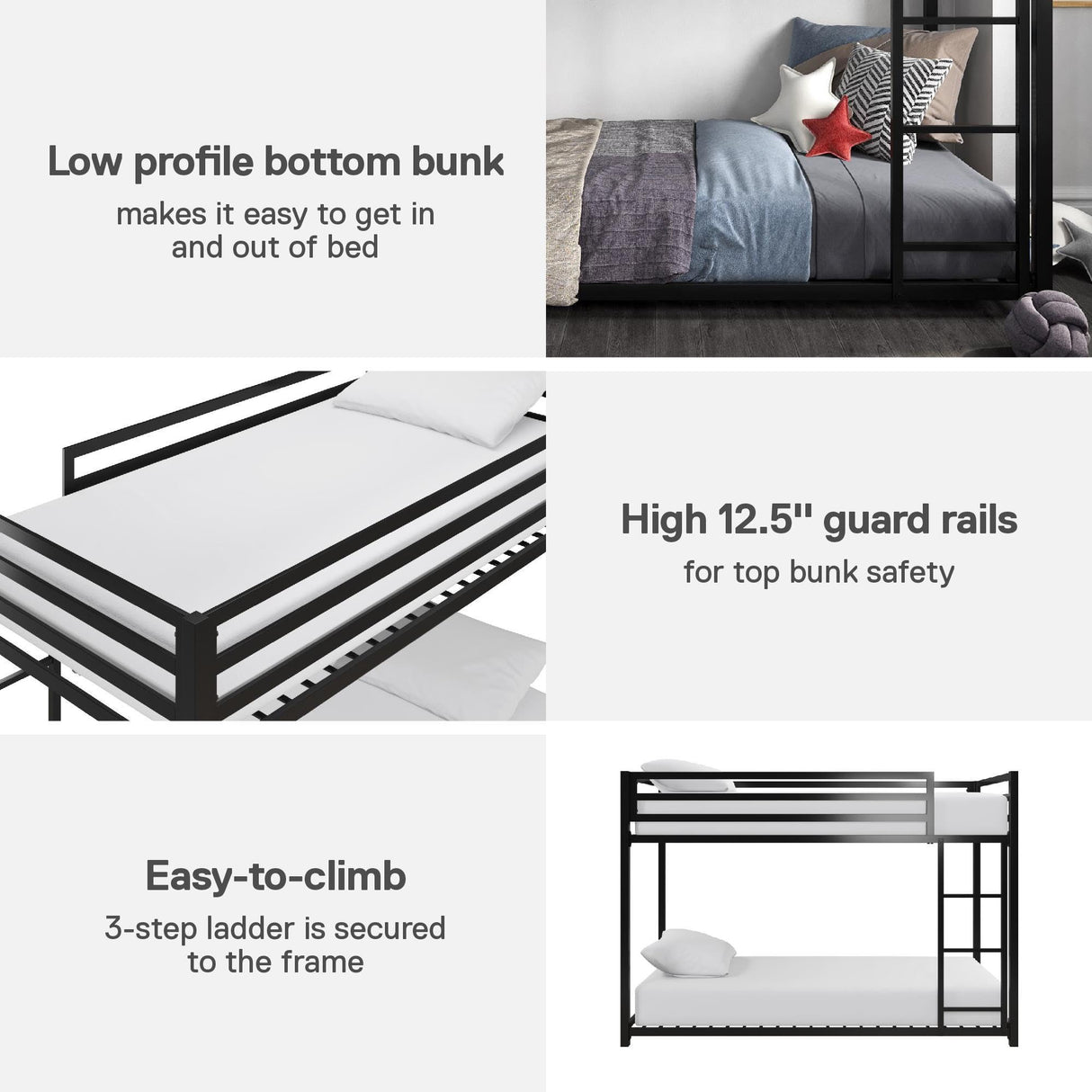 DHP Miles Low Metal Bunk Bed Frame for Kids, With Built-in Ladder, High Guardrail and Metal Slats, Floor Bed Bottom Bunk, No Boxspring Required, For Small Spaces, Twin-Over-Twin, Black DHP