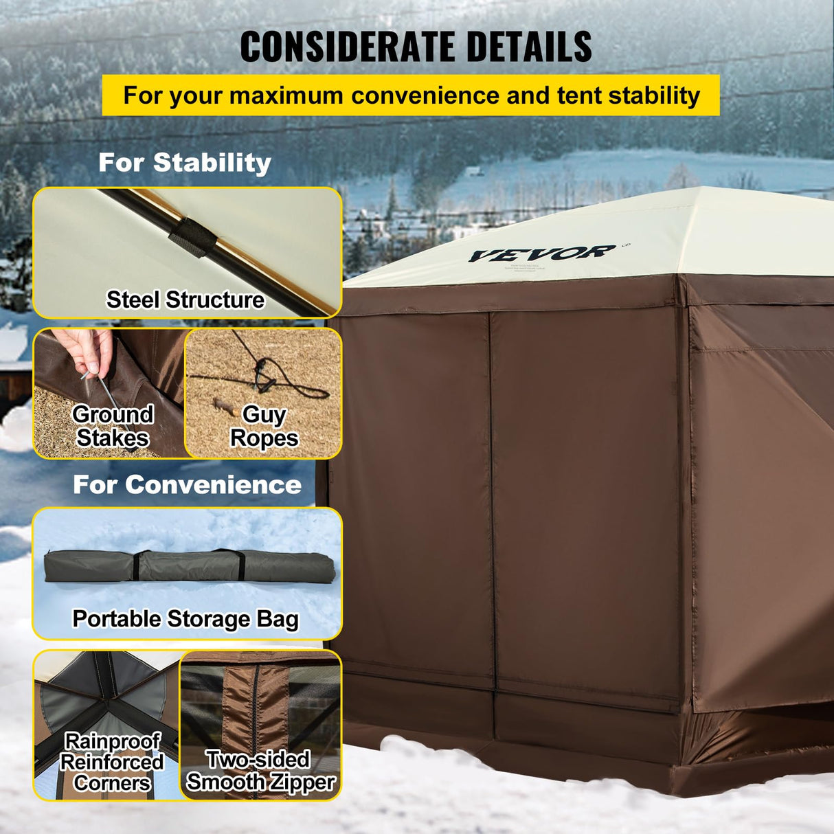 VEVOR 12 * 12ft 6 Sided Pop-up Canopy Shelter Tent with Mesh Windows, Portable Carry Bag, Stakes, Large Shade Tents for Outdoor Camping, Lawn and Backyard, Brown/Beige VEVOR
