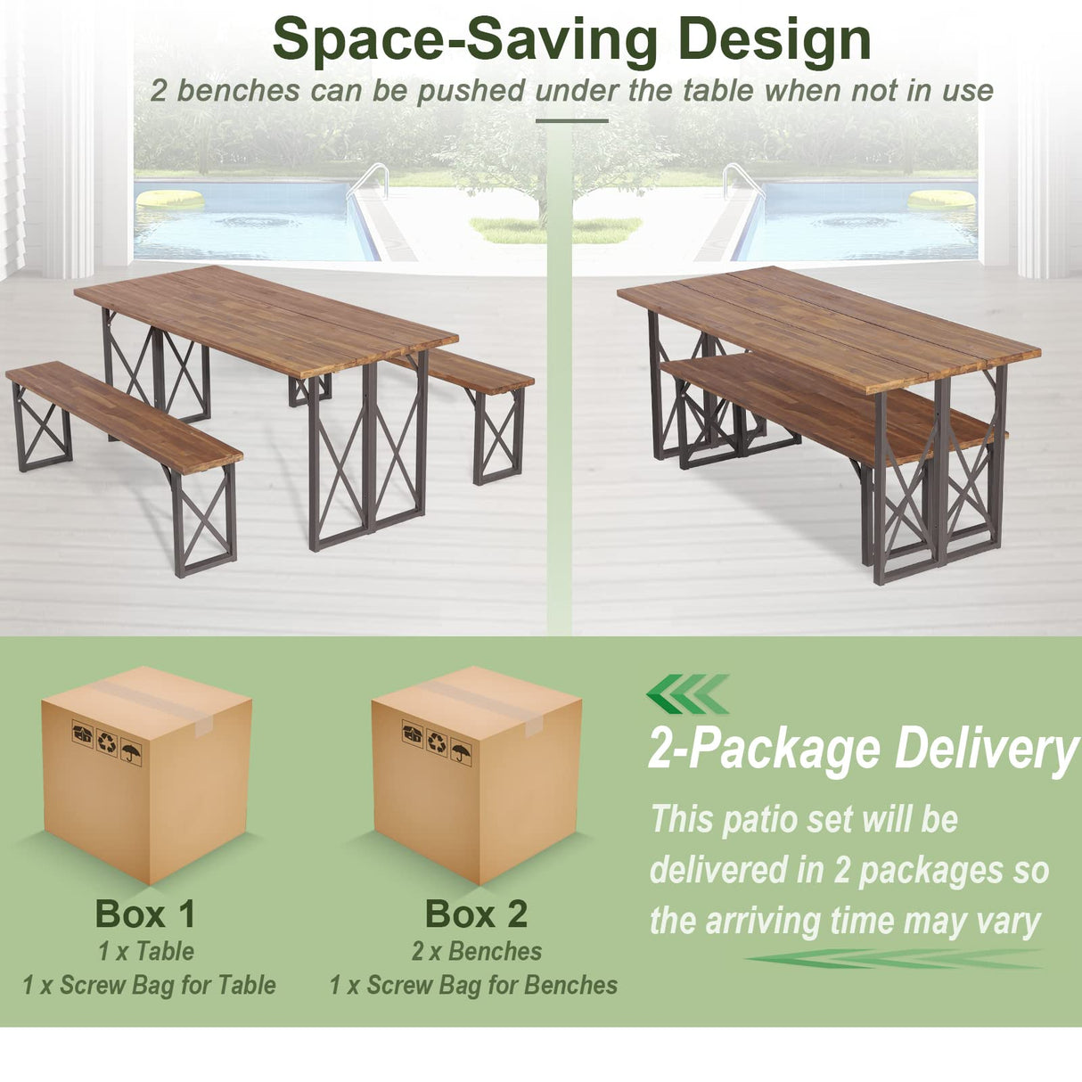 Tangkula 3 Piece Picnic Table Bench Set, Outdoor Acacia Wood Picnic Table with 2 Benches, 2-Inch Umbrella Hole, Heavy-Duty Metal Frame, Space-Saving Outside Table and Bench Set for Backyard, Patio Tangkula
