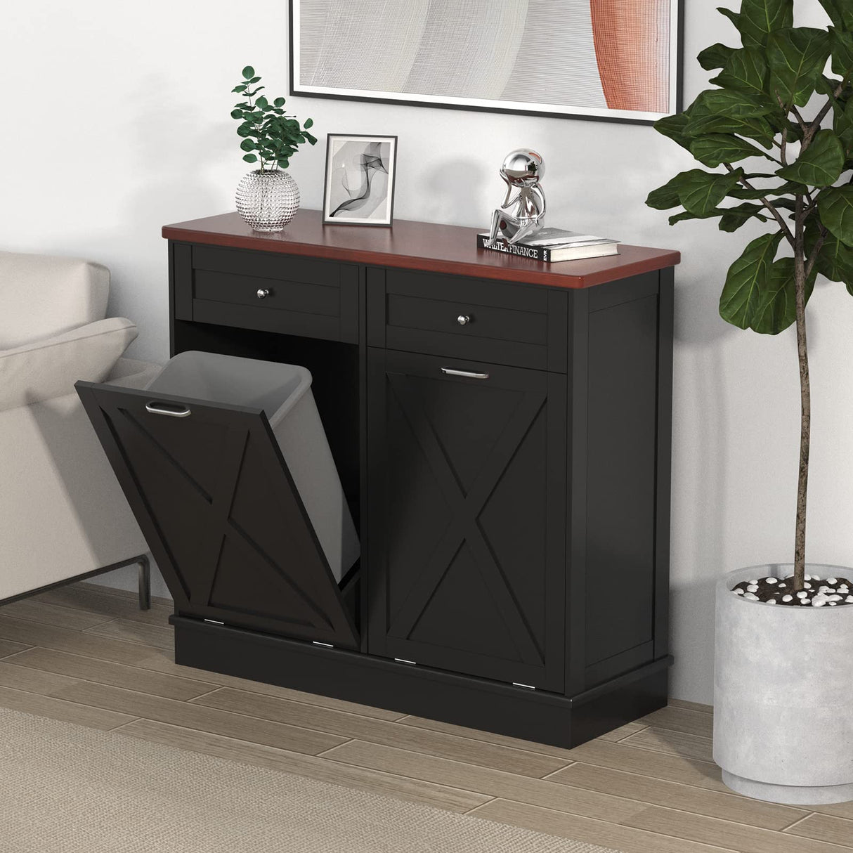 Betterhood Double Tilt Out Trash Cabinet 20 Gallon Wooden Free Standing Laundry Sorter Cabinet,Recycling Cabinet with Hideaway Drawer,Tilt Out Trash Cabinet Can Bin Kitchen (Black) Betterhood