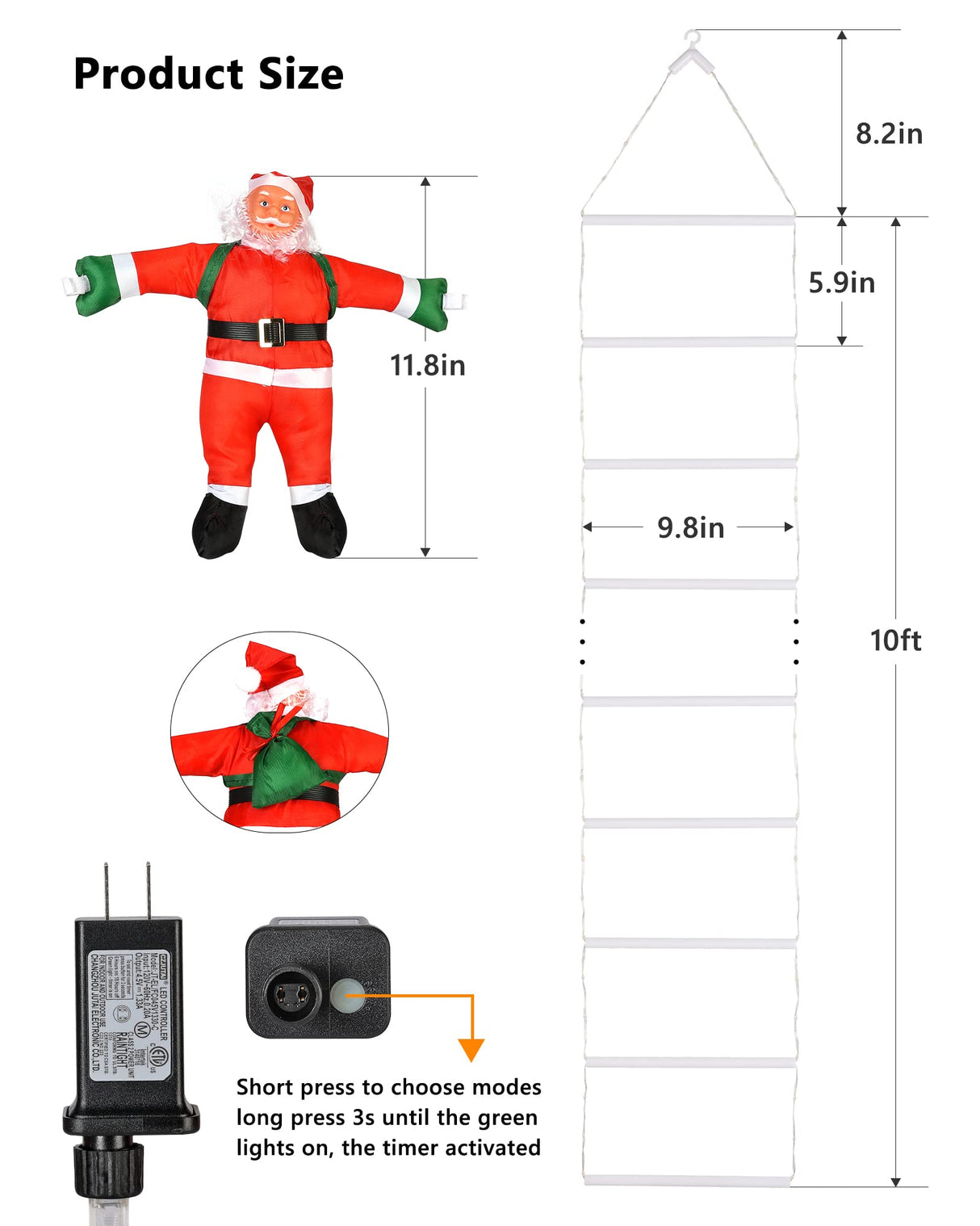 Toodour LED Christmas Lights - 10ft Christmas Decorative Ladder Lights with Santa Claus, Christmas Decorations Lights for Indoor Outdoor, Window, Garden, Home, Wall, Xmas Tree Decor (Warm White) Toodour