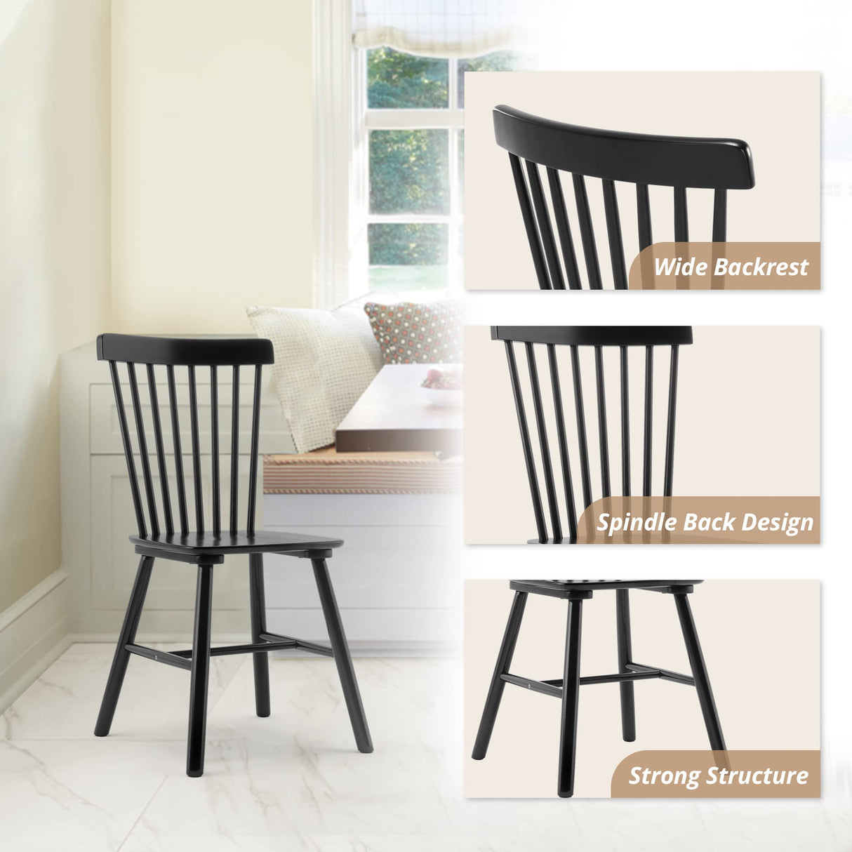 LUE BONA Windsor Dining Chair, Dining Chairs Set of 2, Spindle Back Wood Dining Chair, Kitchen Chairs Wooden Dining Chair, Farmhouse Dining Chairs for Kitchen and Dining Room, Black LUE BONA
