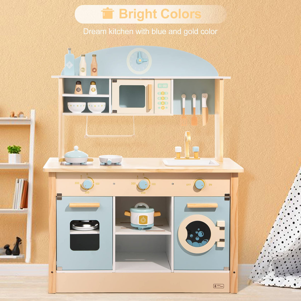 ROBUD Wooden Play Kitchen Set for Kids Toddlers, Toy Kitchen Gift for Boys Girls, Age 3+ ROBUD
