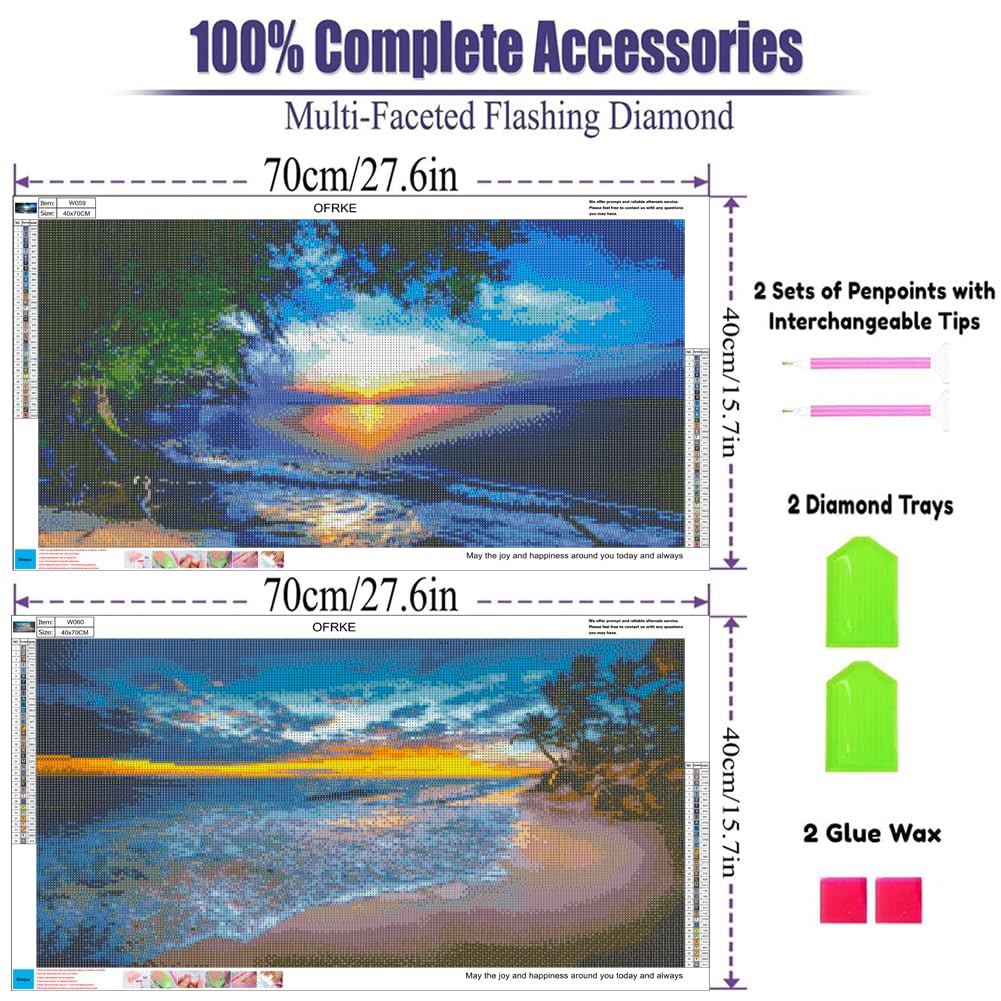 2 Pack Diamond Painting Kits,Large 5D DIY Sunset Ocean Beach Diamond Painting Kits for Adults,DIY Full Drill Crystal Rhinestone Arts and Gem Art Painting with Diamond Home Wall Decor (28X16inch) OFRKE