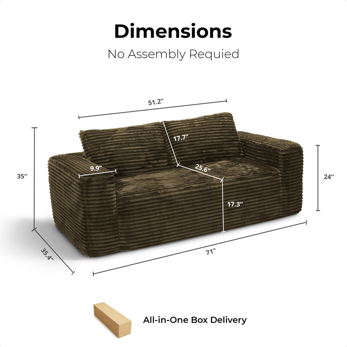 LIKIMIO 71" Loveseat Sofa in a Box - Plush Corduroy Deep Seat Couch, No Assembly Required, Space-Saving Design for Compact Living Room, Apartment, Home Office, Brown LIKIMIO