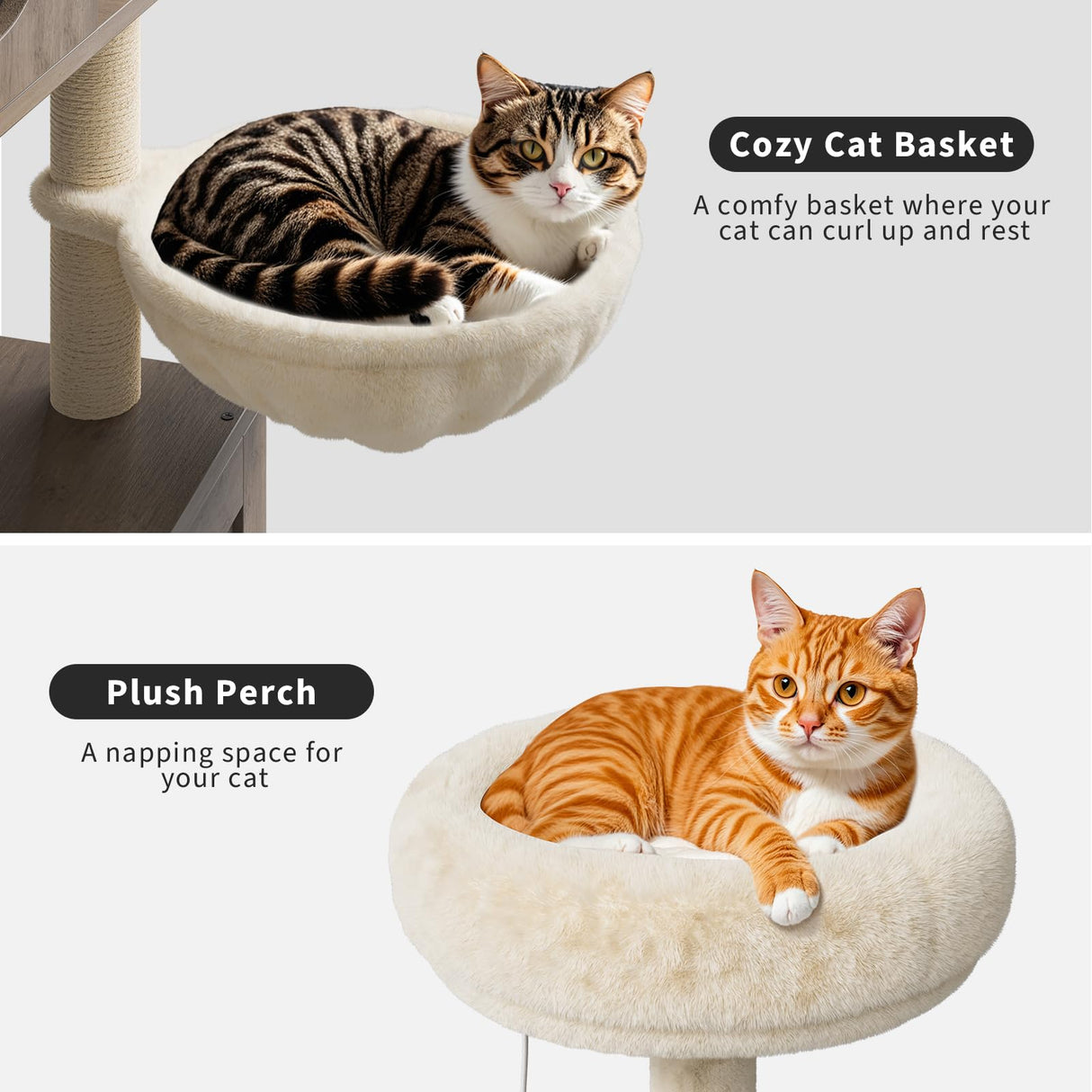 Litter Box Enclosure with Cat Tree Tower and Condo, Hidden Cat Washroom Furniture with Sisal Scratching Post & Soft Plush Perch, Wooden Cat Furniture with Multiple Platforms,Griege Amenitlif