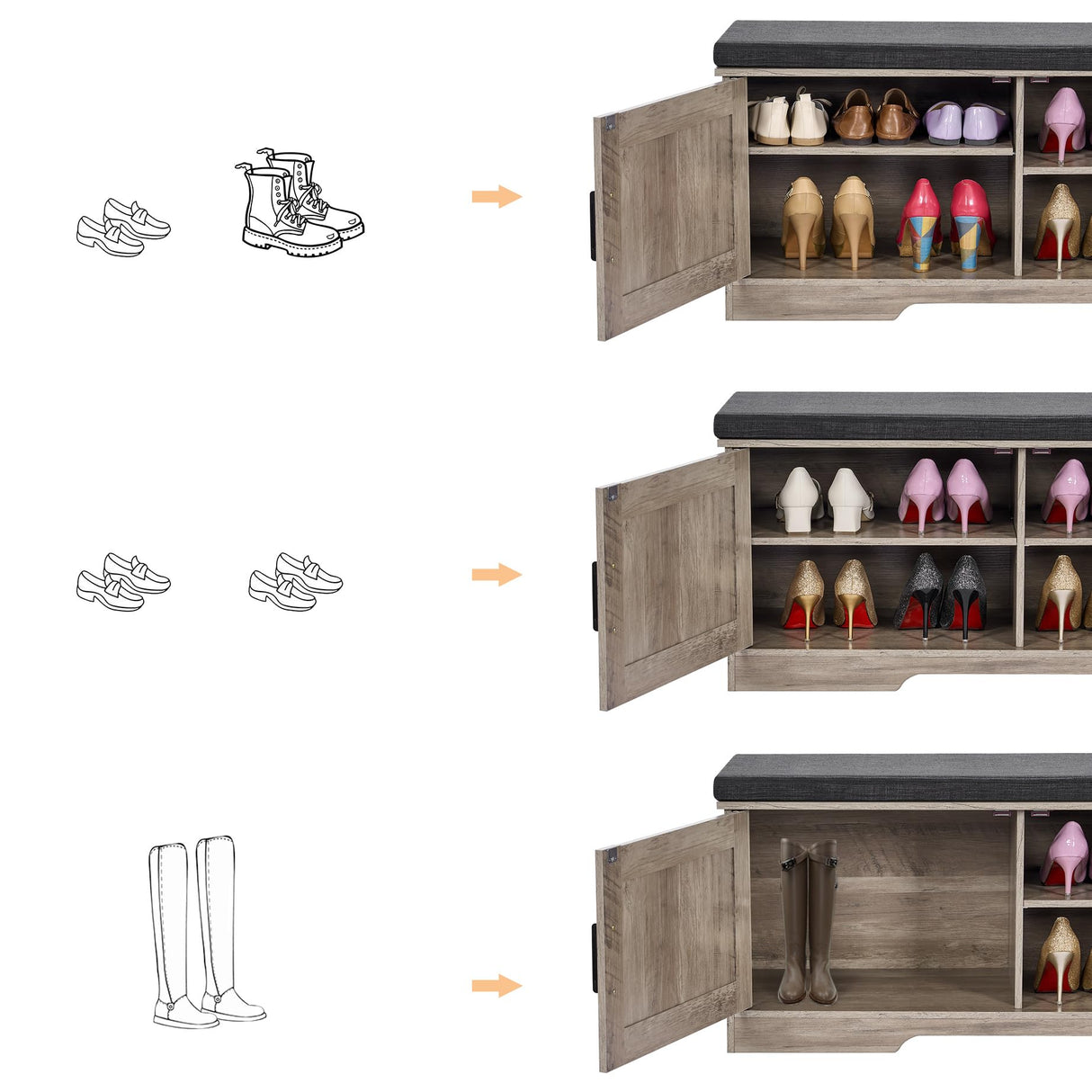 HOMSHO 2-Tier Storage Bench, Shoe Bench with Padded Seat Cushion, Entryway Bench with 2 Barn Doors, Adjustable Shelf, 13.8" D x 39.4" W x 17.7" H, for Entryway, Living Room, Bedroom, Greige HOMSHO