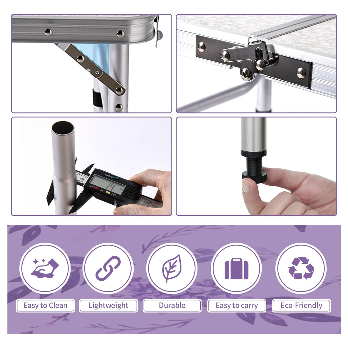 Yriuat Folding Camping Table 2ft Portable Pinic Table Adjustable Height Table Small Card Table Aluminum Foldable Lightweight with Carry Handle for Outdoor Indoor Hiking Camp BBQ Beach (Misty Lilac) Yriuat