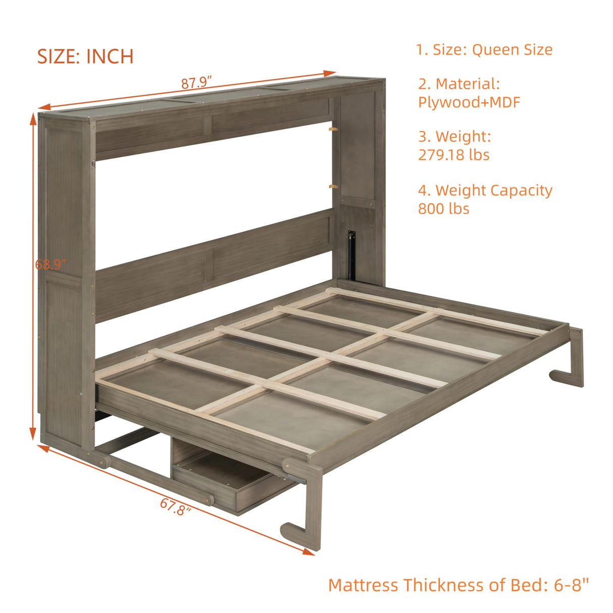 Merax Queen Size Murphy Bed with Vanity Desk, Foldable Murphy Cabinet Bed with Center Mirror and 2 Side Storage Drawers, Wood Space-Saving Hidden Wall Bed Cabinet for Guest Room Office, Gray Merax
