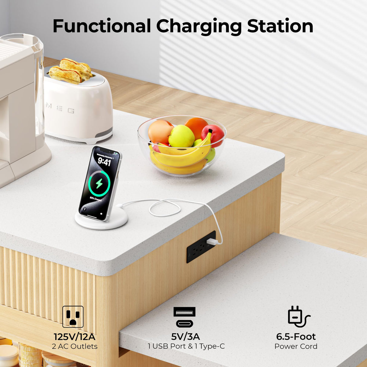 IRONCK 78.7" Kitchen Island with Extendable Dining Table & Storage for 2-6, with Motion-Sensor LED Tempered Glass Cabinet, Charging Station, Spice Racks, Quartz Laminate Top for Dining Room (Oak) IRONCK