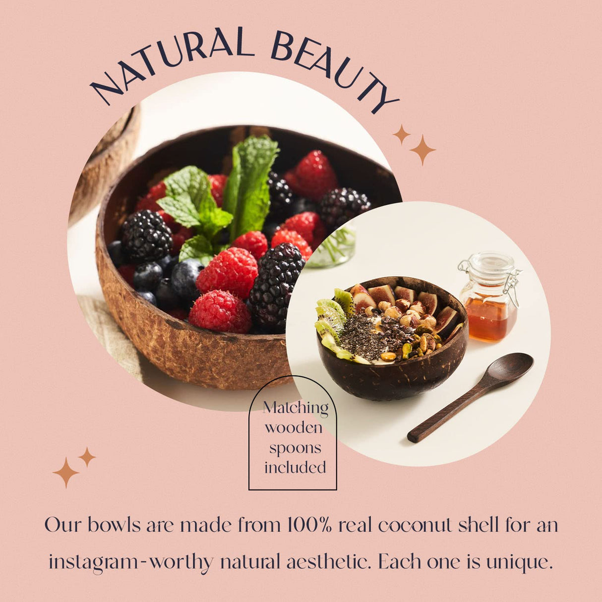 COCOBOWLCO Coconut Bowl & Wooden Spoons Bowl Set - Birthday Gifts for Women - Coconut Bowls for Eco Friendly Kitchen Decor, Acai Bowls & Smoothie Bowls (4, Natural) COCOBOWLCO