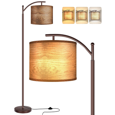 ROTTOGOON Floor Lamp for Living Room with 3 Color Temperatures LED Bulb, Standing Lamp Tall Industrial Floor Lamp for Bedroom, (9W LED Bulb, Wood Grain Pattern Lampshade Included) -Oil-Rubbed Bronze