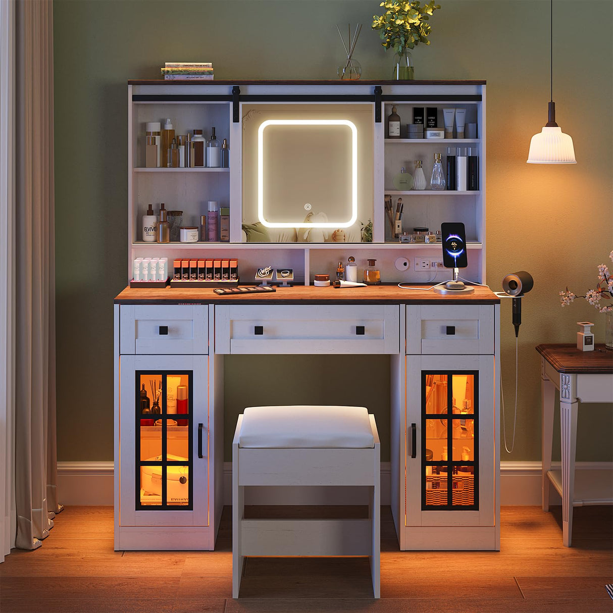 Maupvit Farmhouse Makeup Vanity Desk with Sliding Mirror, 45.5'' Vanity Set with 3 Drawers & 2 RGB LED Cabinets & Charging Station, Ample Storage, Stool Included, Antique White Maupvit