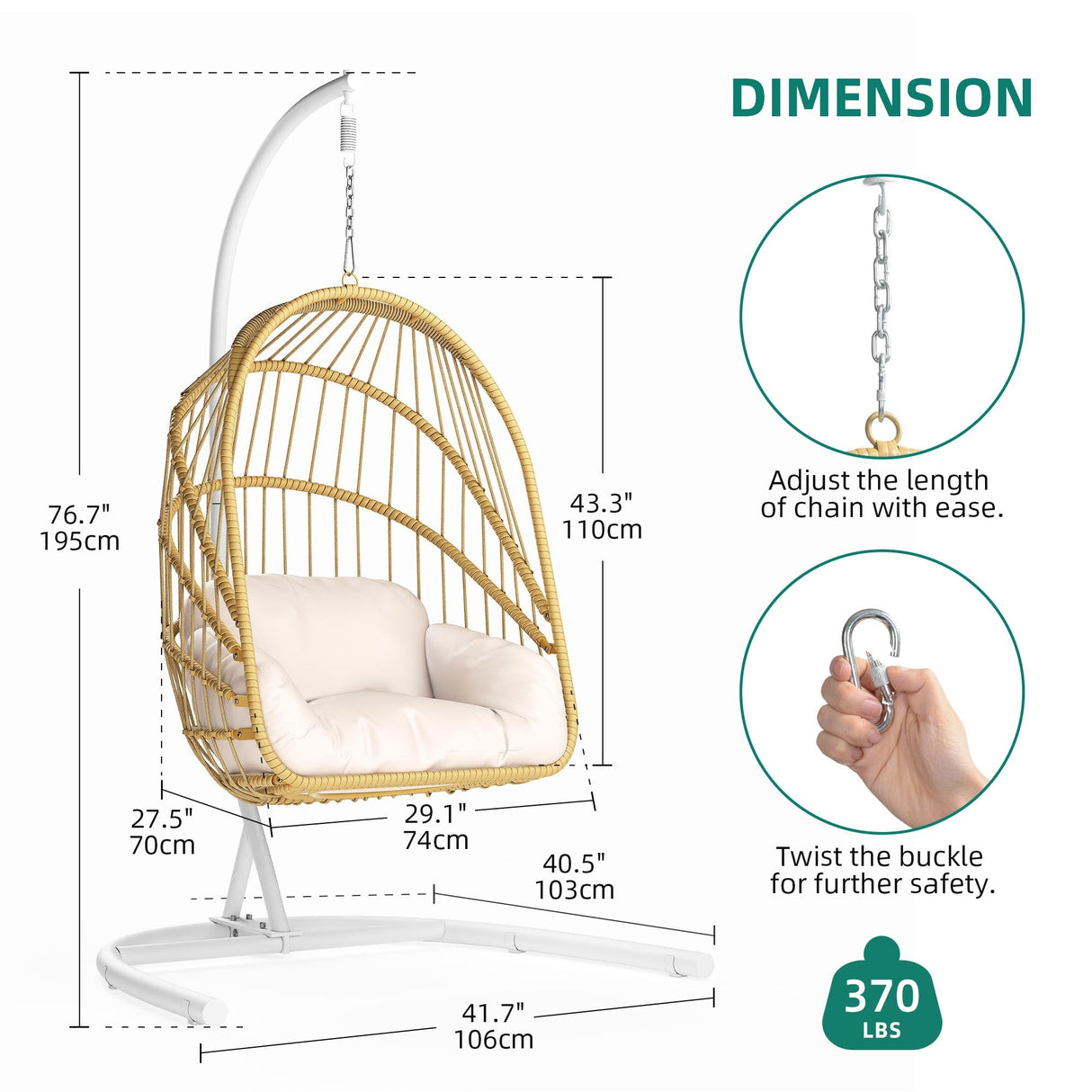 YITAHOME Wicker Swing Egg Chair with Cushions 350lbs, Foldable Hanging Basket Chair W/Stand Rattan Hammock Chair for Outdoor, Indoor, Patio, Bedroom - Beige YITAHOME