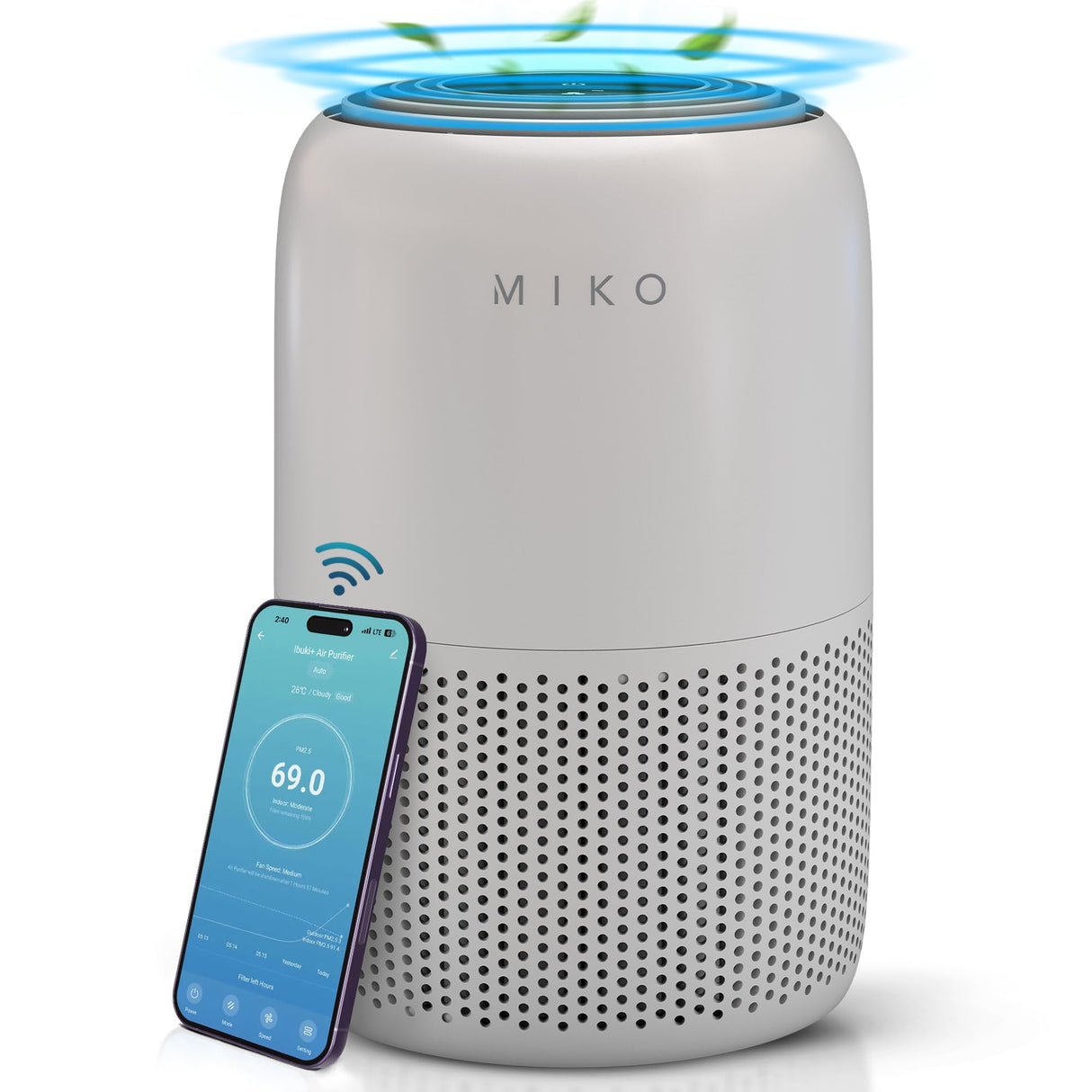 MIKO Air Purifier for Bedroom with 3-in-1 HEPA Filter & Sleep Mode, Whisper Quiet, Covers Up to 1200 ft, Smart Wi-Fi App Control - Removes Smoke, Allergens, Pets Hair, Dust, Odors, Pollutants MIKO