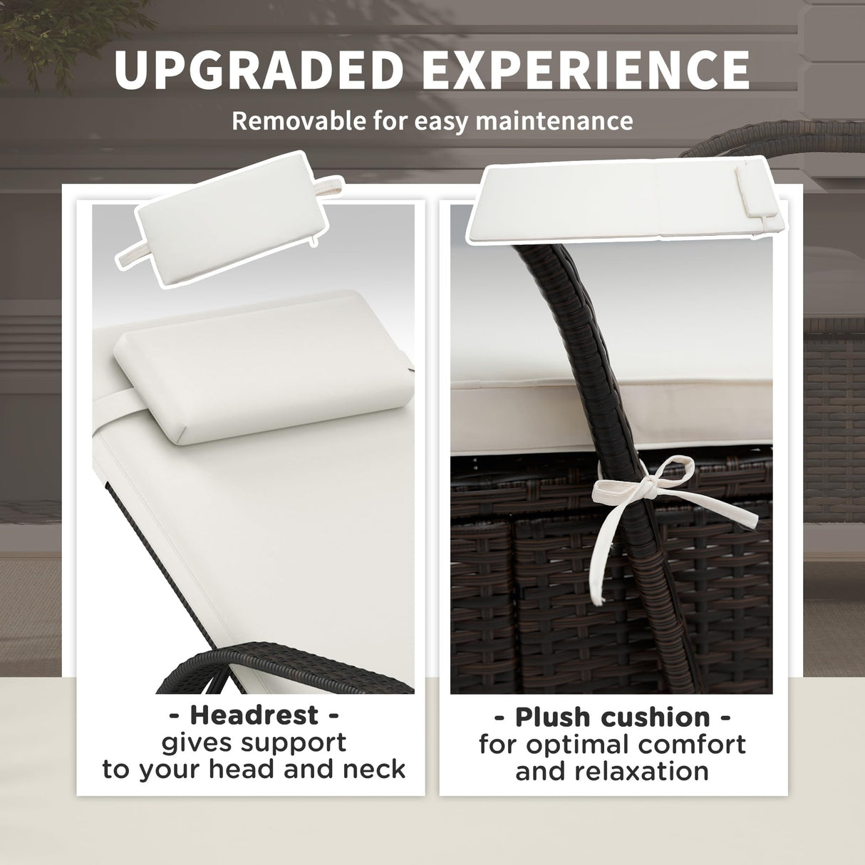 Outsunny Wicker Outdoor Chaise Lounge, 5-Level Adjustable Backrest PE Rattan Pool Lounge Chair with Wheels, Cushion & Headrest, Mixed Brown and Cream White Outsunny