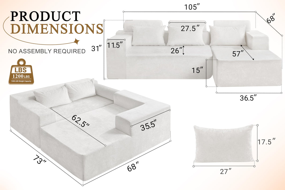 HABUTWAY 105" L-Shape Modular Sectional Sofa Couch for Living Room,No Assembly Required,Modular Comfy Sofa with Deep Seat for Living Room Bedroom,Luxury Distressed Velvet(Right,Beige) HABUTWAY