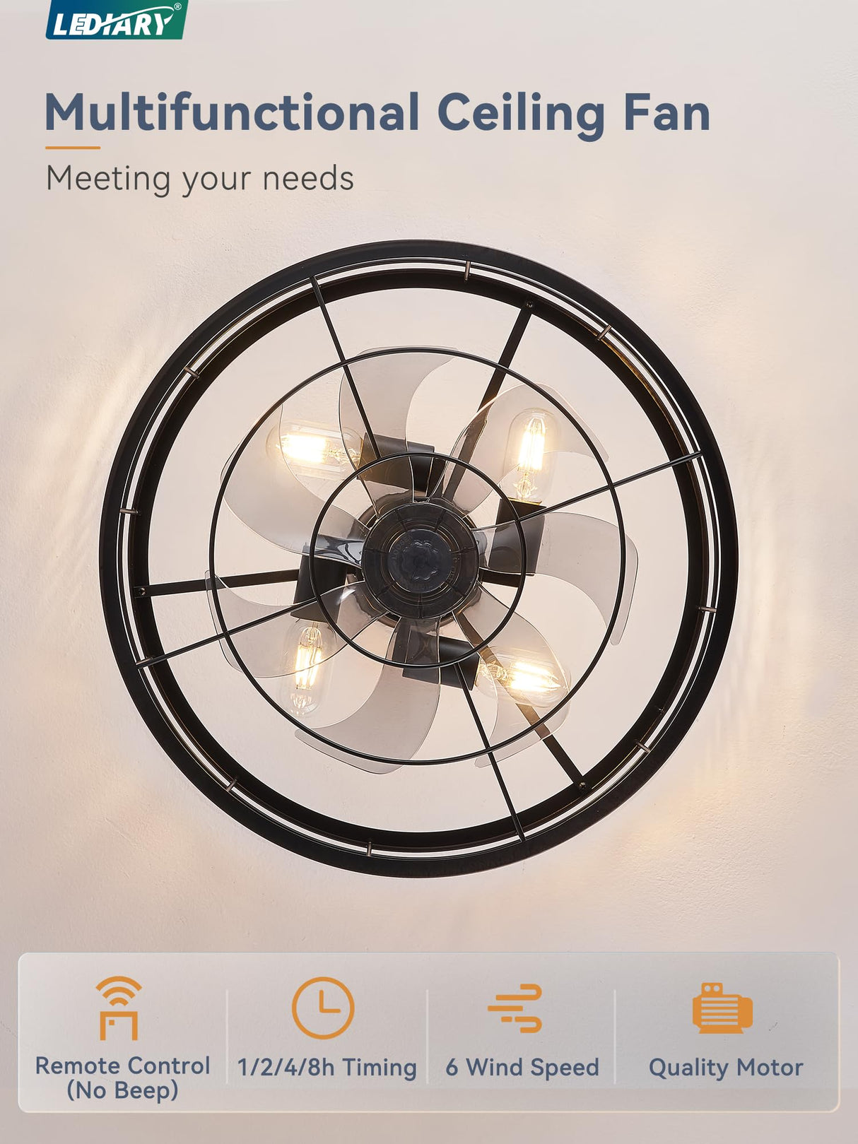 LEDIARY 20 inch Fandelier Caged Ceiling Fan with Light, Bladeless Ceiling Fan with Remote, Farmhouse Fan Lights Ceiling Fixtures for Kitchen, Bedroom, Outdoor(6 Speed, Timing)-Black LEDIARY