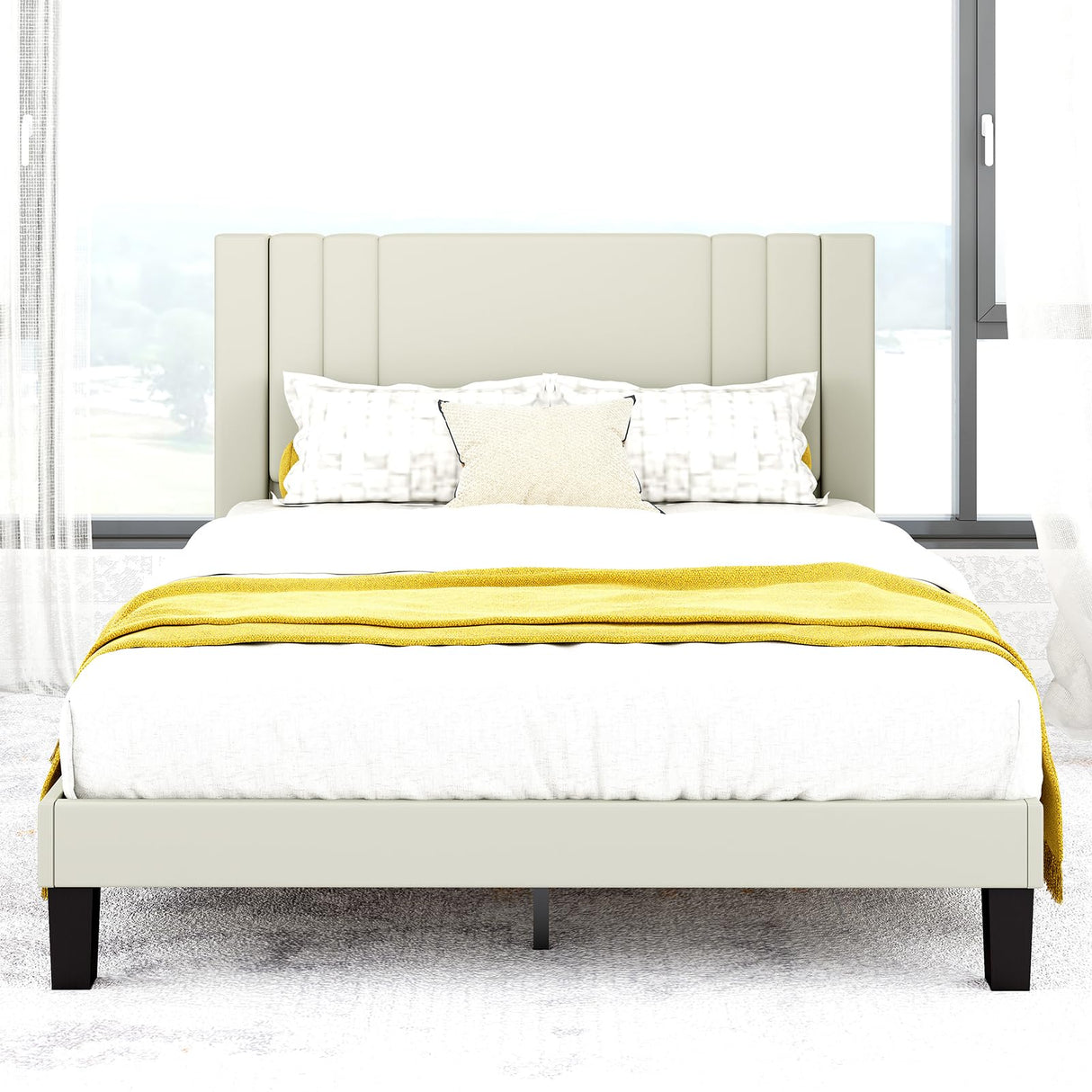 Queen Size Bed Frame, Velvet Upholstered Platform with Headboard, Beige(Beige, Queen (U.S. Standard)) Tyndall