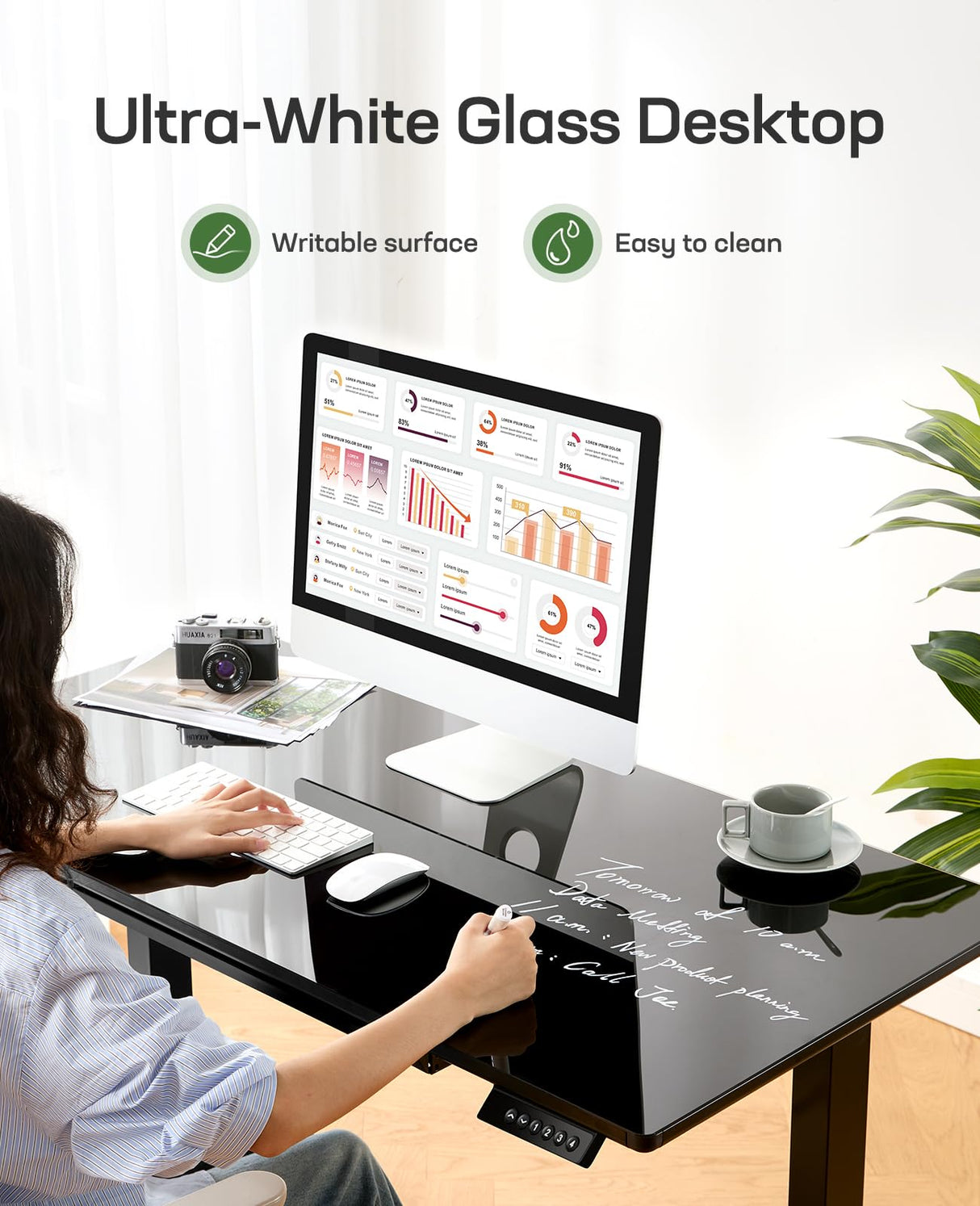 Marsail Glass Electric Standing Desk with Drawer, 48 x 24 Inches Height-Adjustable Desk, One-Piece Tempered Glass Top, Ergonomic Home Office Sit Stand Desk with 4 Preset Heights, Black Marsail