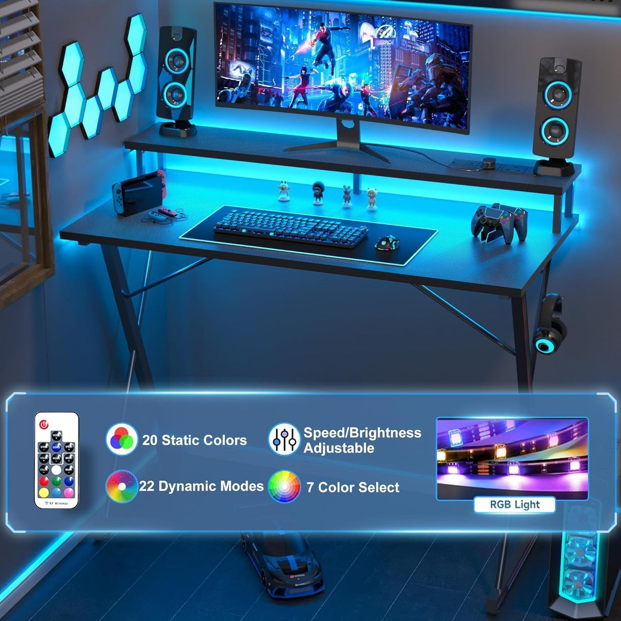 TIQLAB Gaming Desk with Power Outlets & LED 47 Inch Ergonomic Computer Carbon Fiber Surface Gamer Desk, Large Monitor Stand, Headphone Hook, PC Workstation for Bedroom, Black Desk TIQLAB