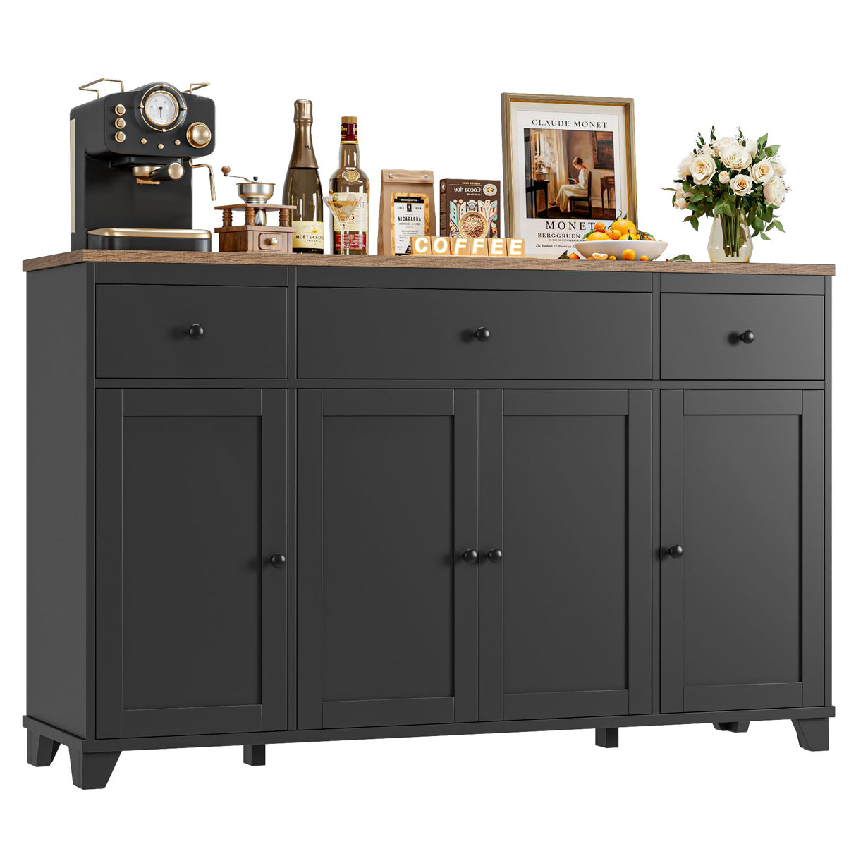 HIFIT 55" Large Kitchen Buffet Cabinet with Storage Drawers, Farmhouse Sideboard Buffet Table Storage Cabinet with Doors and Shelves, Wood Coffee Bar Cabinet for Kitchen Dining Living Room, Black HIFIT