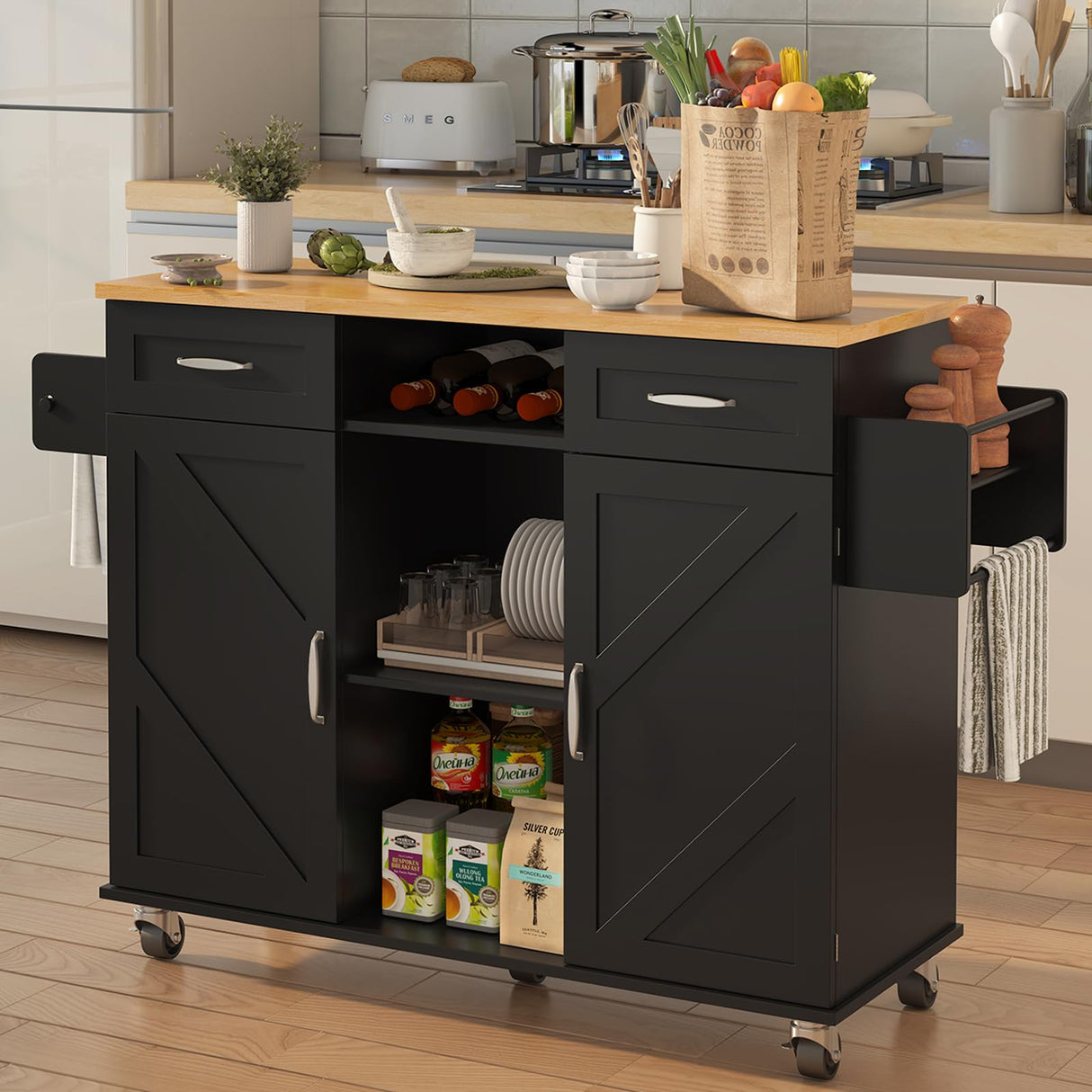 knoworld 51.5'' Rolling Kitchen Island with Storage Cabinet & Drawers, Drop Leaf Kitchen Cart on Wheels, Farmhouse Portable Mobile Islands, Large Butcher Block Table with Tower/Spice Rack, Black knoworld