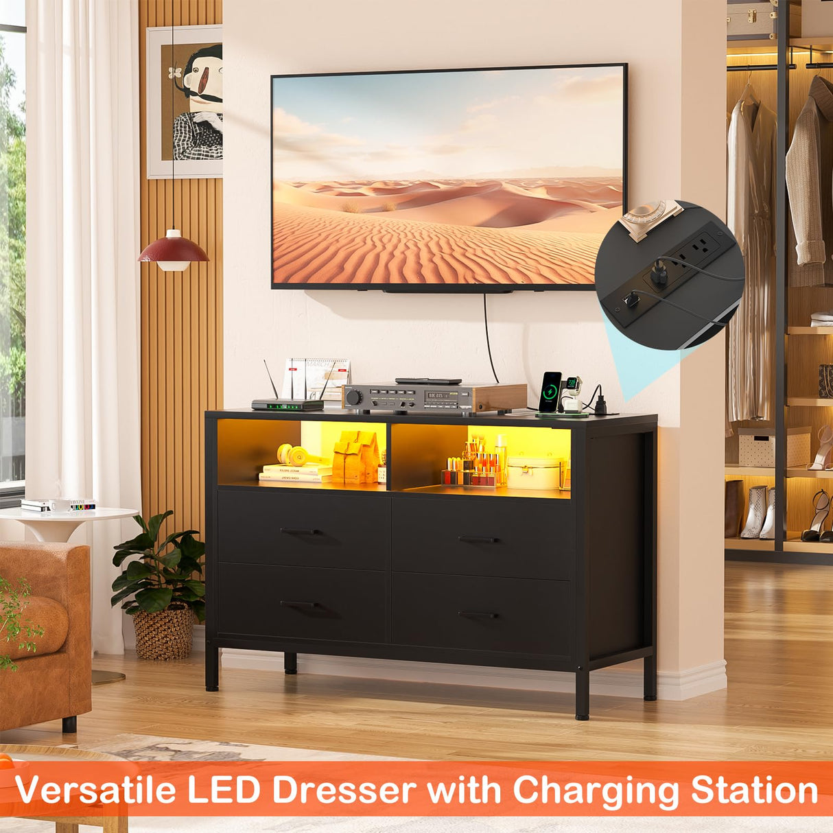 Girapow Dresser for Bedroom, Wooden Bedroom Dresser with LED Lights and Charging Station, 4 Drawers Dressers, Wide Chest of Drawers Storage Organizer TV Stand for up to 50" TV for Living Room, Black Girapow