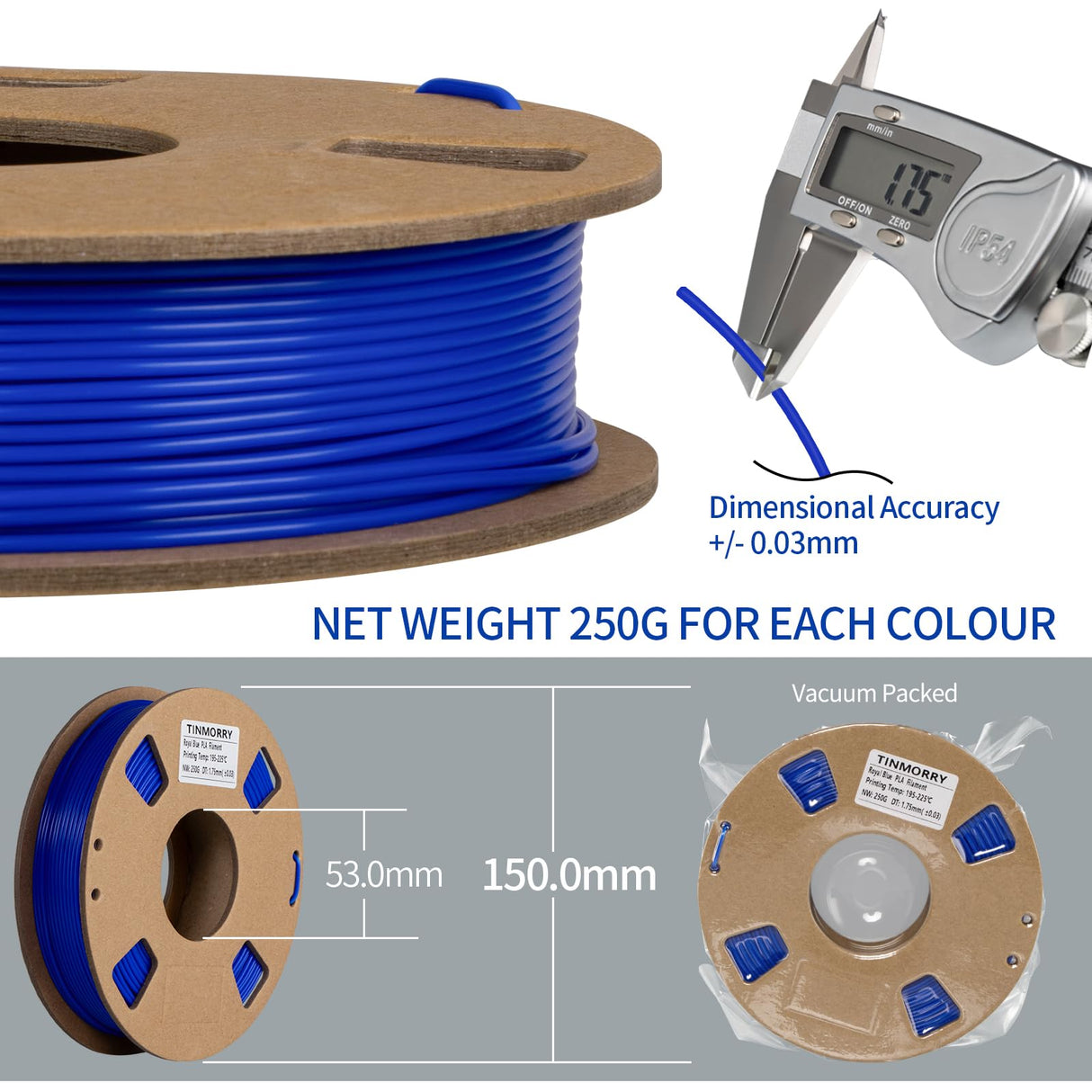 PLA 3D Printer Filament Bundle, TINMORRY PLA Filament 1.75mm, 250g x 5 Spools, Black+White+Blue+Red+Green, Net Weight 1.25kg TINMORRY