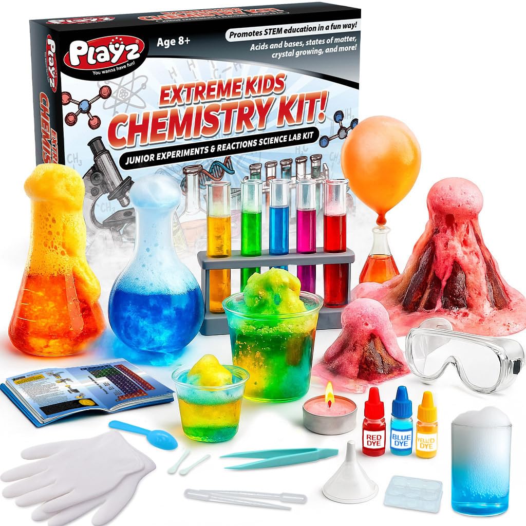 Playz Extreme Chemistry Set – 52 Unique Experiments, Science Kits for Kids Age 8-12, Lab Gear, Volcano Project, Learning Tools, Fair Activity, Discovery Gift, STEM Toys for Boys and Girls Playz