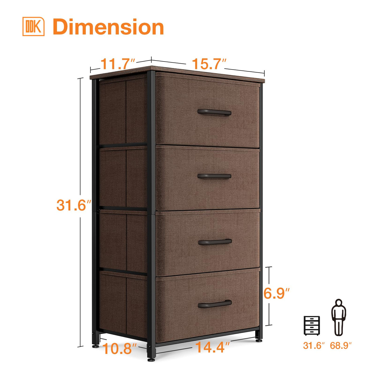 ODK Dresser for Bedroom with 4 Storage Drawers, Small Dresser Chest of Drawers Fabric Dresser with Sturdy Steel Frame, Dresser for Closet with Wood Top, Brown ODK