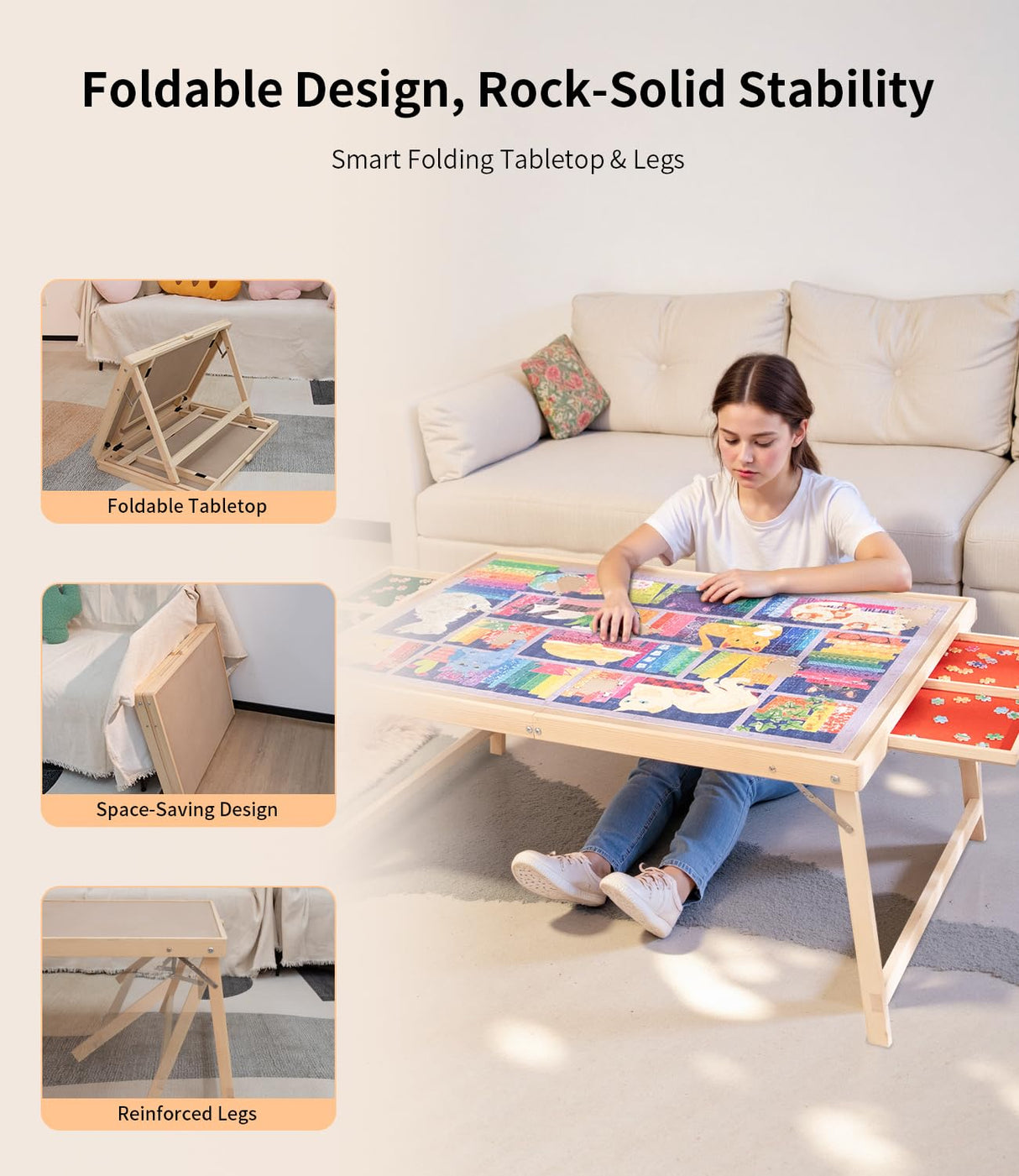 Foldable Puzzle Table with Legs, 34"x 26" Wooden Puzzle Board with Drawers & Covers, Portable Jigsaw Table for Adults, 1500 Pieces Folding Puzzle Board for Jisgaw Puzzle, Birthday Gifts for Mom JOIN&JOY