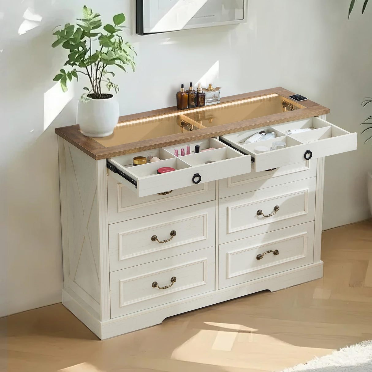 UYIHOME 8 Drawer Dresser, Farmhouse Dressers for Bedroom with Jewelry Storage on Top, White Dresser with Sensor LED Lights and USB Charging, Storage Cabinet for Living Room, Hallway, Closet UYIHOME