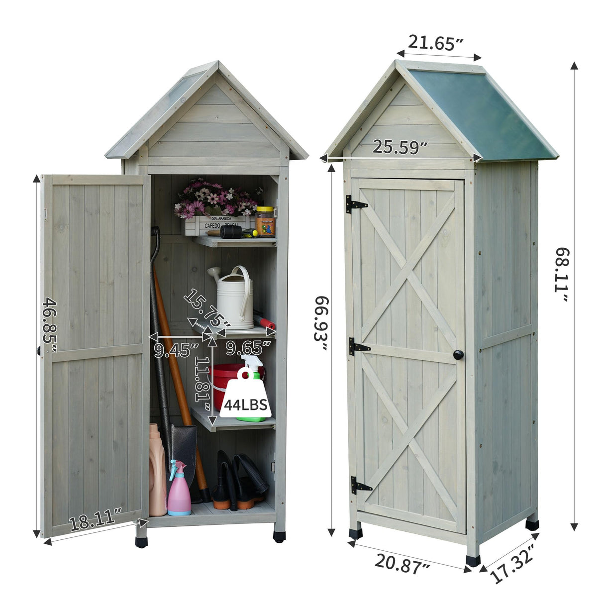 FTCBNet Outdoor Storage Shed Wooden Garden Tool Storage Cabinet with 3 Removabl Shelves and Galvanized Sheet Waterproof Roof for Yard,Patio,Deck and Porch (Gray) FTCBNet