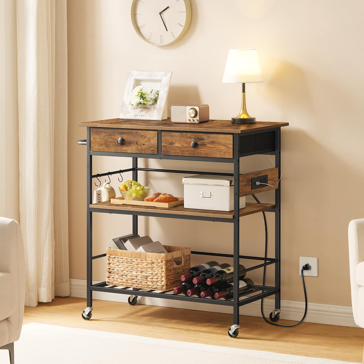 HOOBRO Kitchen Island with Storage, Rolling Island Cart for Kitchen with 2 Drawers & Outlet, 3 Tier Coffee Station and Microwave Stand, Kitchen Island Table for Home, Rustic Brown and Black BF08UZD01 HOOBRO