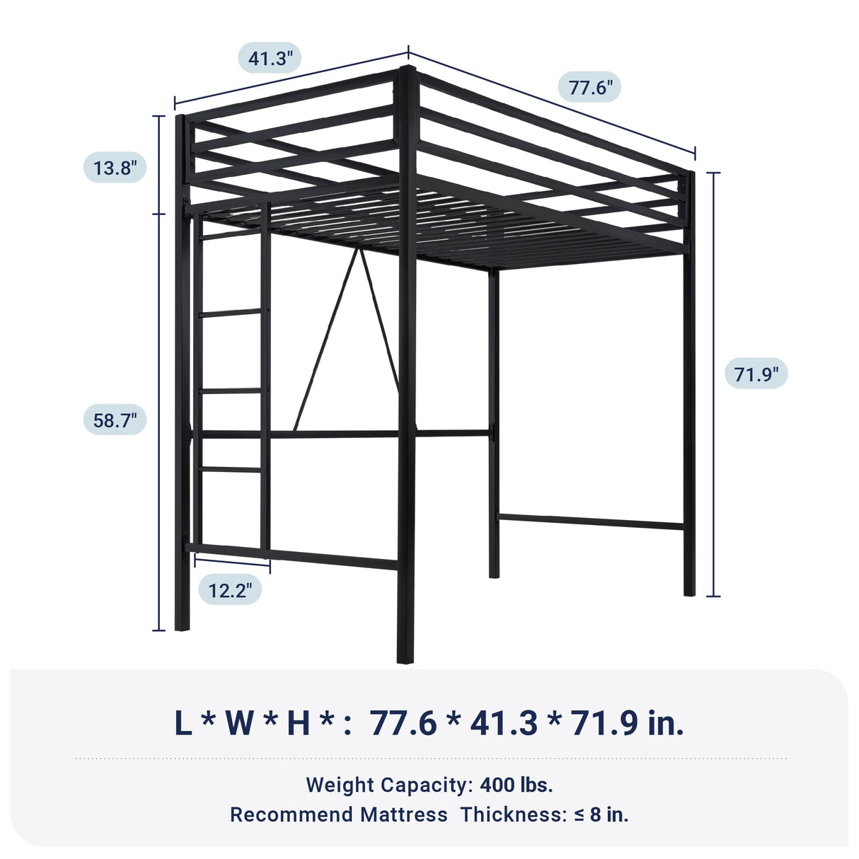 Allewie Metal Loft Bed Twin Size with Guardrail and Ladder, Small Space Saving Design for Bedroom Kid Room and Dorm, No Box Spring Needed, Black Allewie
