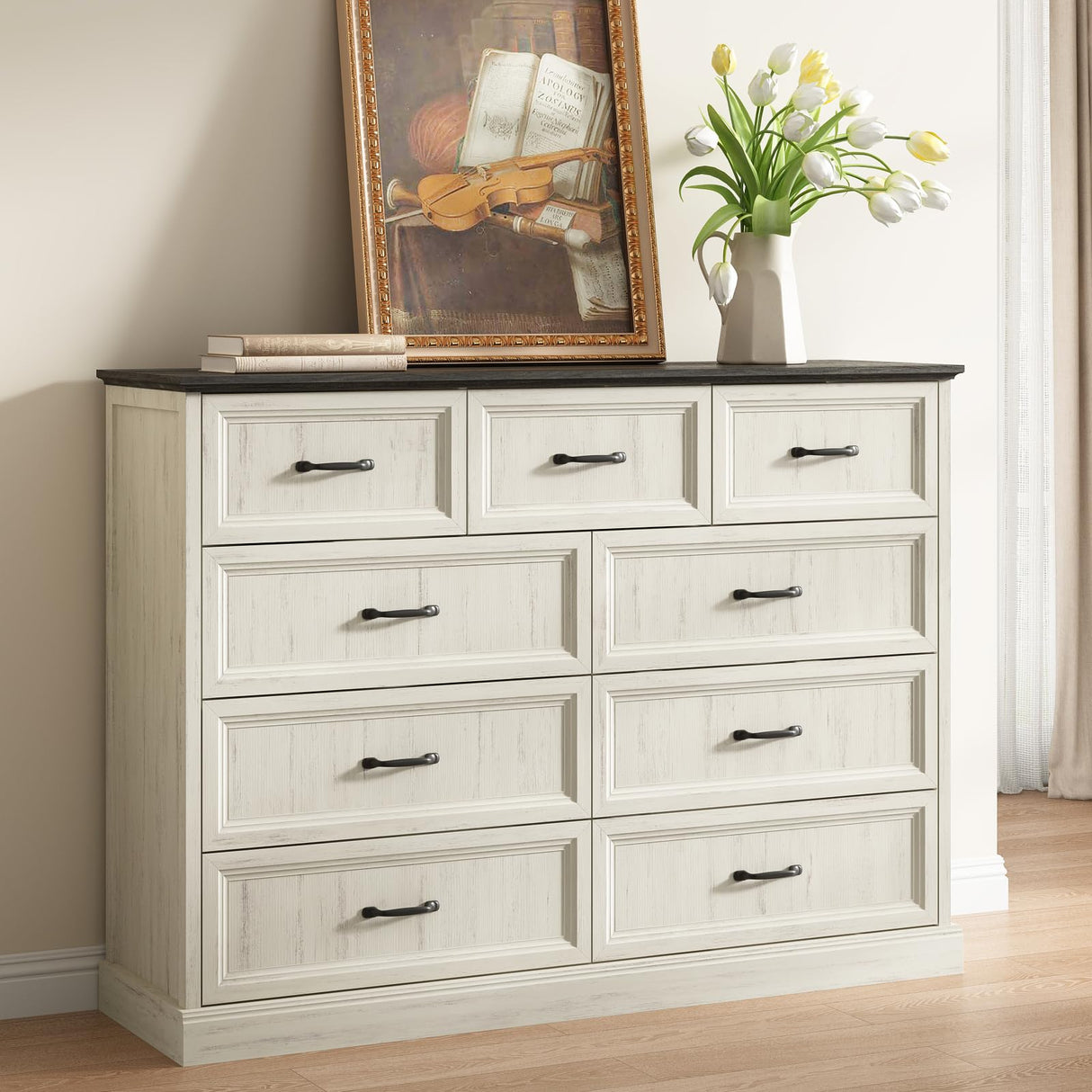 Farmhouse 9 Drawer Dresser for Bedroom, 55 Inch Wide Modern White Dresser TV Stand with Large Drawers & Bar Handles, Rustic Wood Chest of Drawers for Bedroom, Living Room, Hallway, Entryway. CARPETNAL