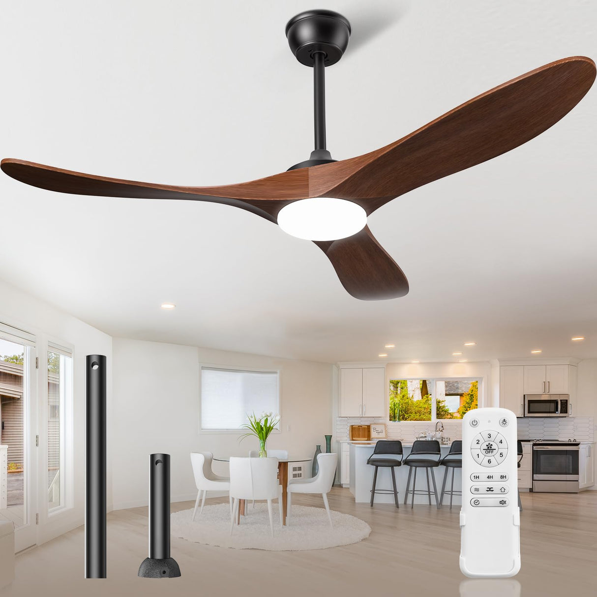 JOYEYE Ceiling Fans with Lights and Remote, 3 Solid Wood Blades, Outdoor Wooden Ceiling Fan with 2 Downrods for Patios, 52 Inch Modern Ceiling Fan with Noiseless Reversible DC Motor JOYEYE