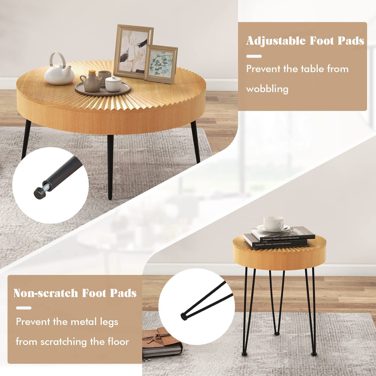 Giantex Boho Round Coffee Table Set of 2, Sofa Side Nesting Table with Solid Pine Wood Top, Metal Legs & Adjustable Foot Pads, 31.5" D Large Table Set for Living Room (Radial Pattern, Natural) Giantex