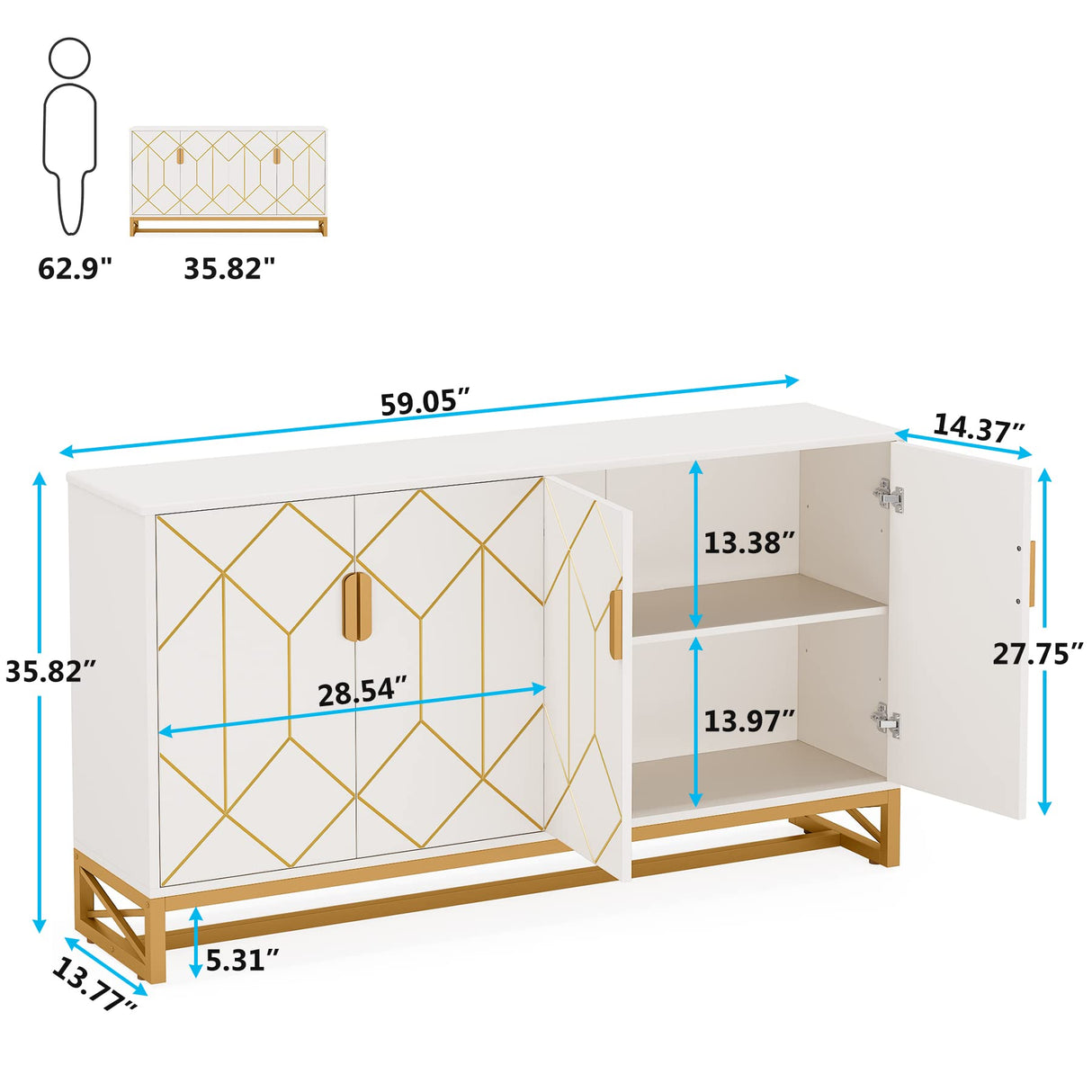 LITTLE TREE Storage Cabinet with Storage Shelves for Living Room, Modern Sideboard Buffets Cabinets Coffee Bar with Gold Metal Frame 4 Doors for Kitchen Dining Room Entryway Bedroom, White LITTLE TREE
