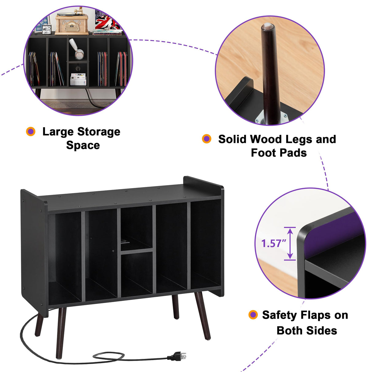 Clikuutory Large Record Player Stand, Vinyl Record Storage Cabinet with Power Outlet & LED Lights Holds Up to 200 Albums, Turntable Stand with Round Wood Legs for Bedroom, Living Room, Black Clikuutory